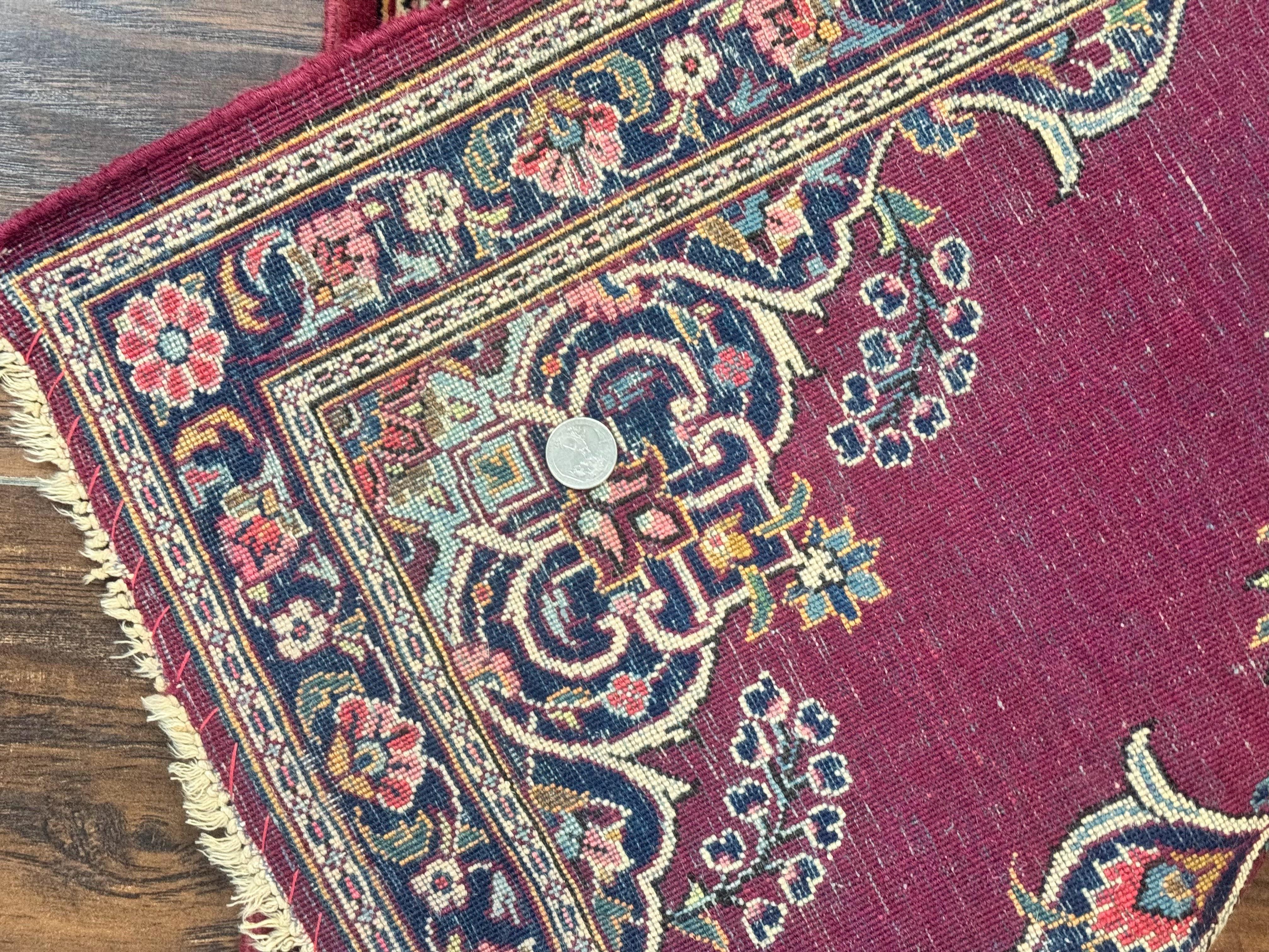 Small Persian Kashan Rug 2x3, Red and Navy Blue, Handmade Vintage Wool Semi Antique Persian Carpet, Semi Open Field, Pair B - Jewel Rugs