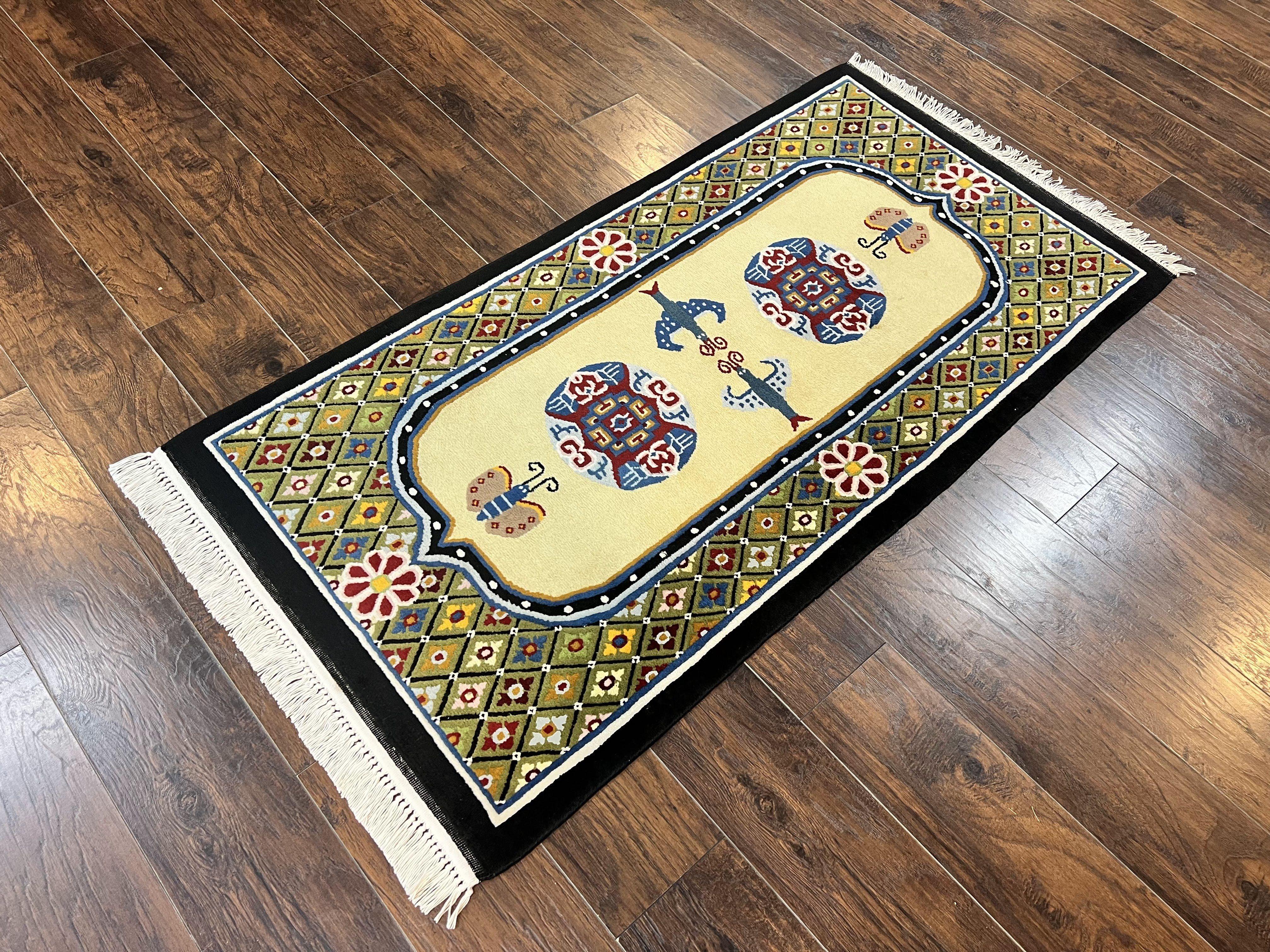 Chinese Rug 3x6 ft, Chinese Wool Rug, Tiensin Rug, Handmade Wool 3 x 6 Vintage Peking Rug, Art Deco Rug, Butterflies - Jewel Rugs