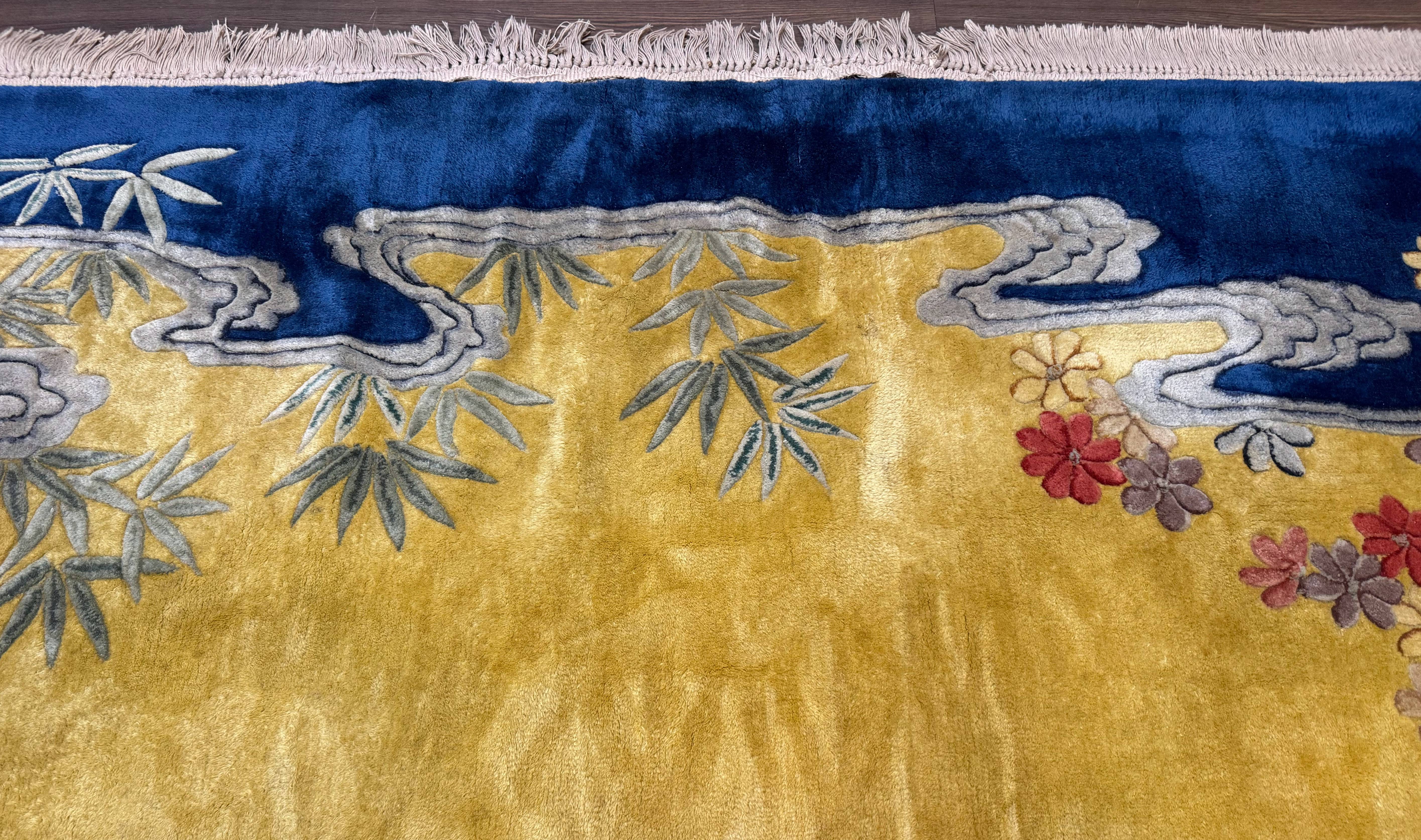 Chinese Peking Rug 9.6 x 13, Light Mustard & Blue, Wool Chinese Carpet, Hand Tufted, Vintage - Jewel Rugs