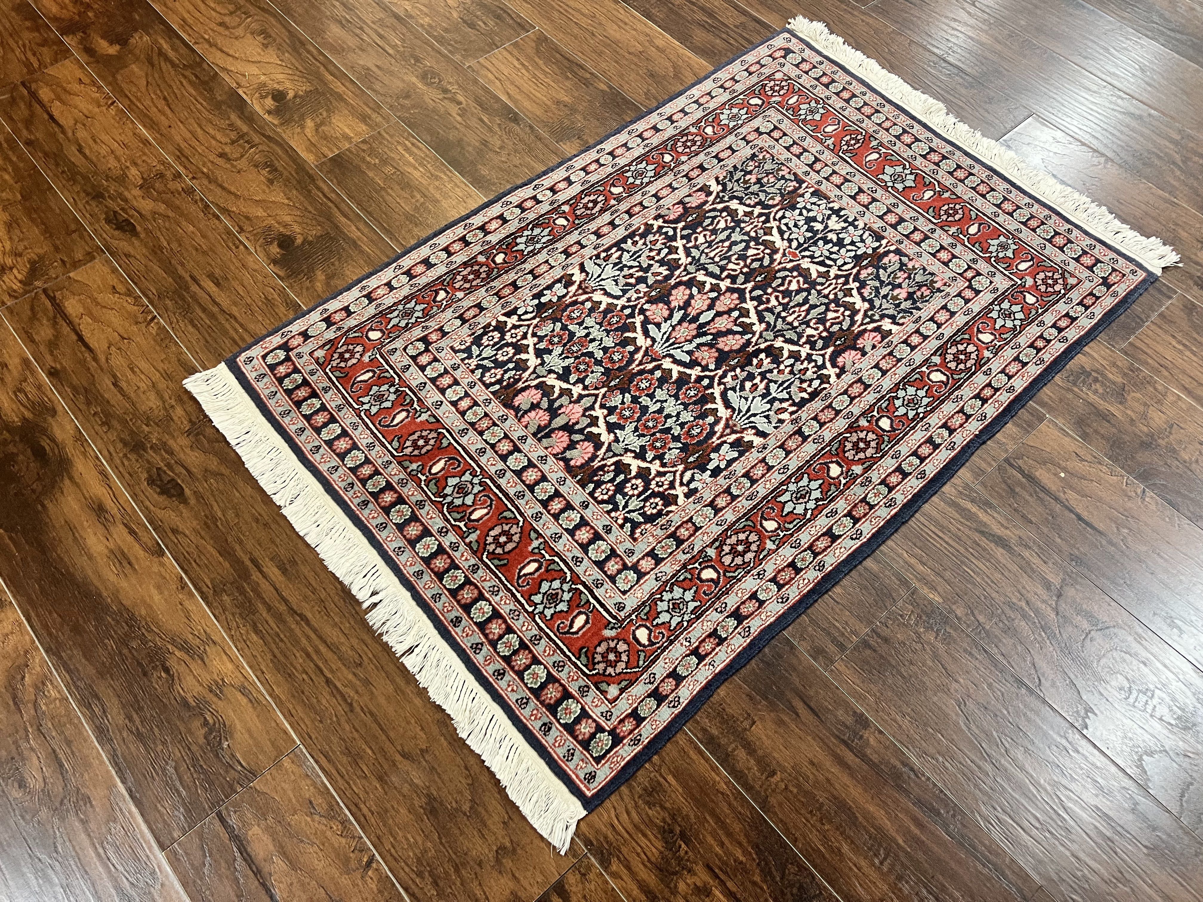 Pak Persian Rug 3x4, Wool Hand Knotted Vintage Traditional Carpet, Navy Blue & Red, Very Fine Small Handmade Floral Rug - Jewel Rugs