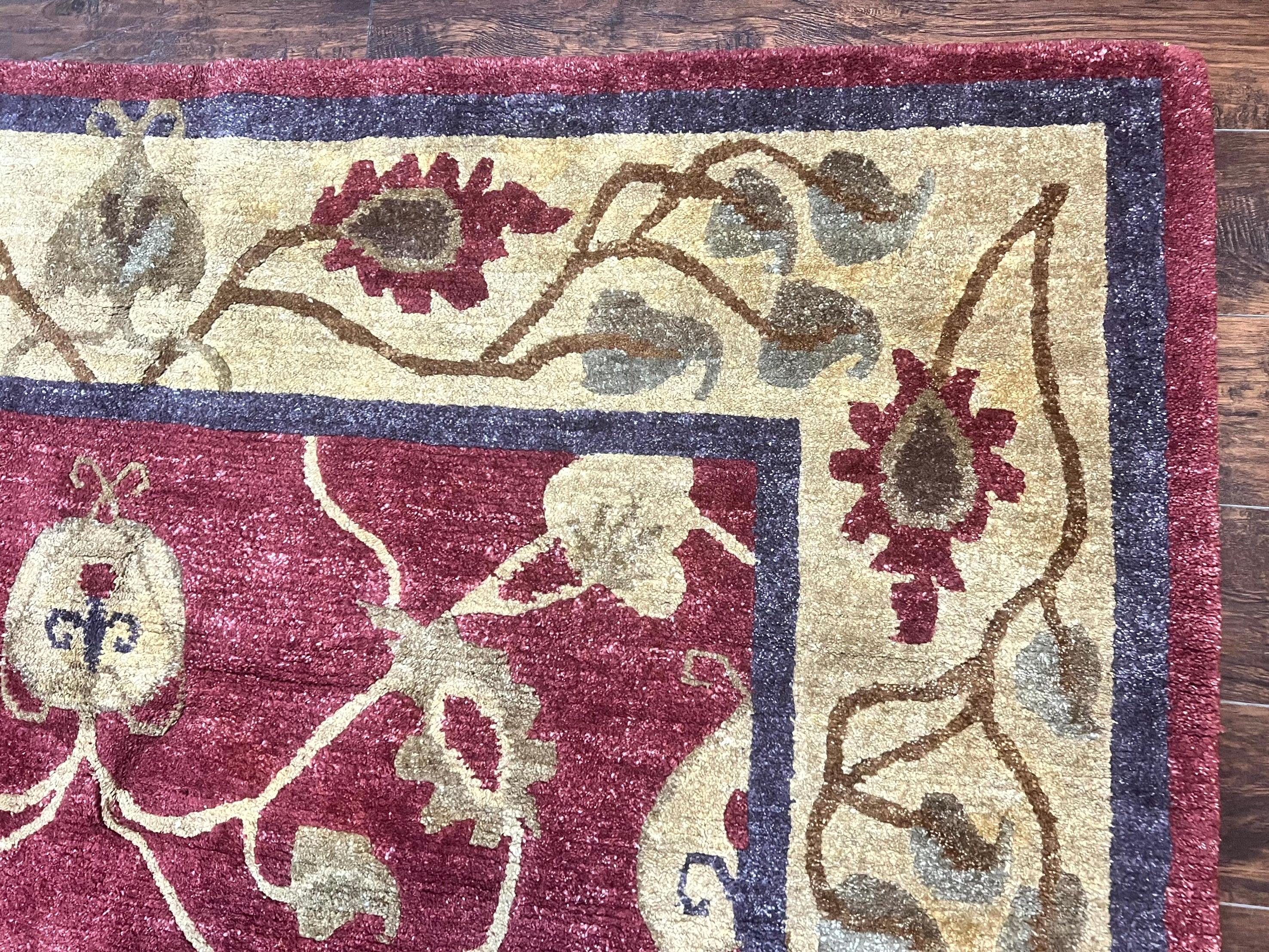 Tibetan Aubusson Rug 8x10, Maroon and Beige, Floral, Handmade, Wool, Vintage, Traditional Rug - Jewel Rugs