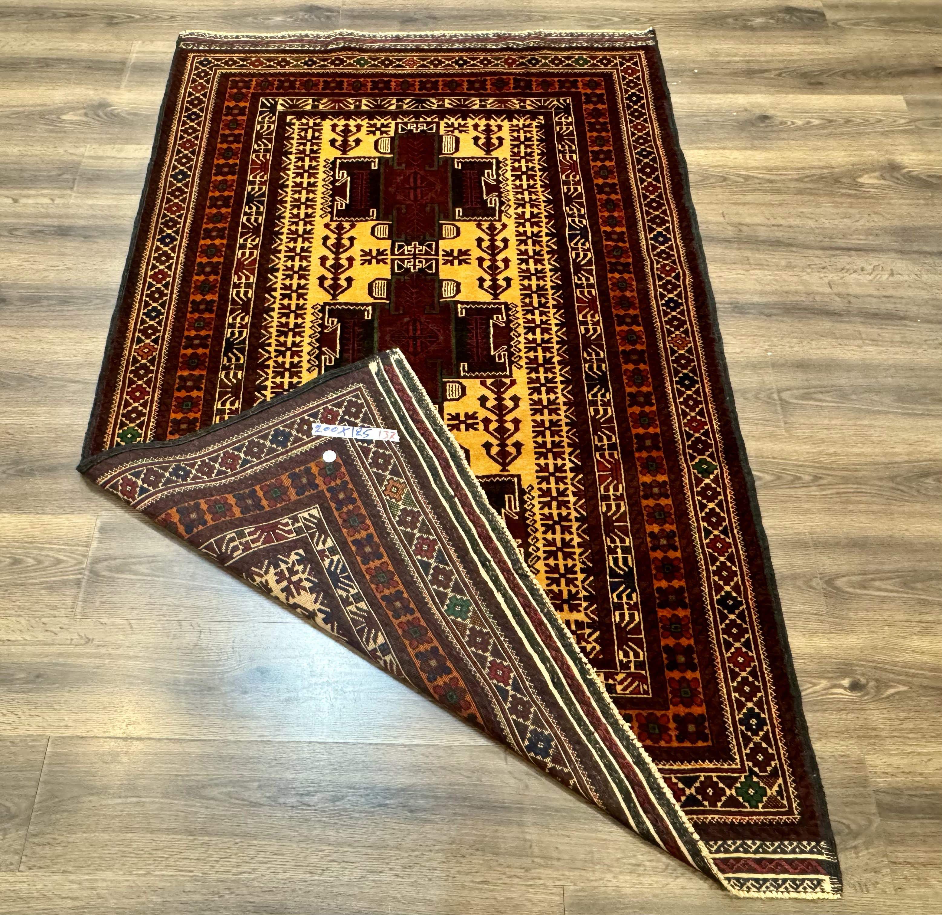 Persian Baluch Rug 4x7 – Golden Yellow and Burgundy, Hand-Knotted Wool Tribal Carpet - Jewel Rugs