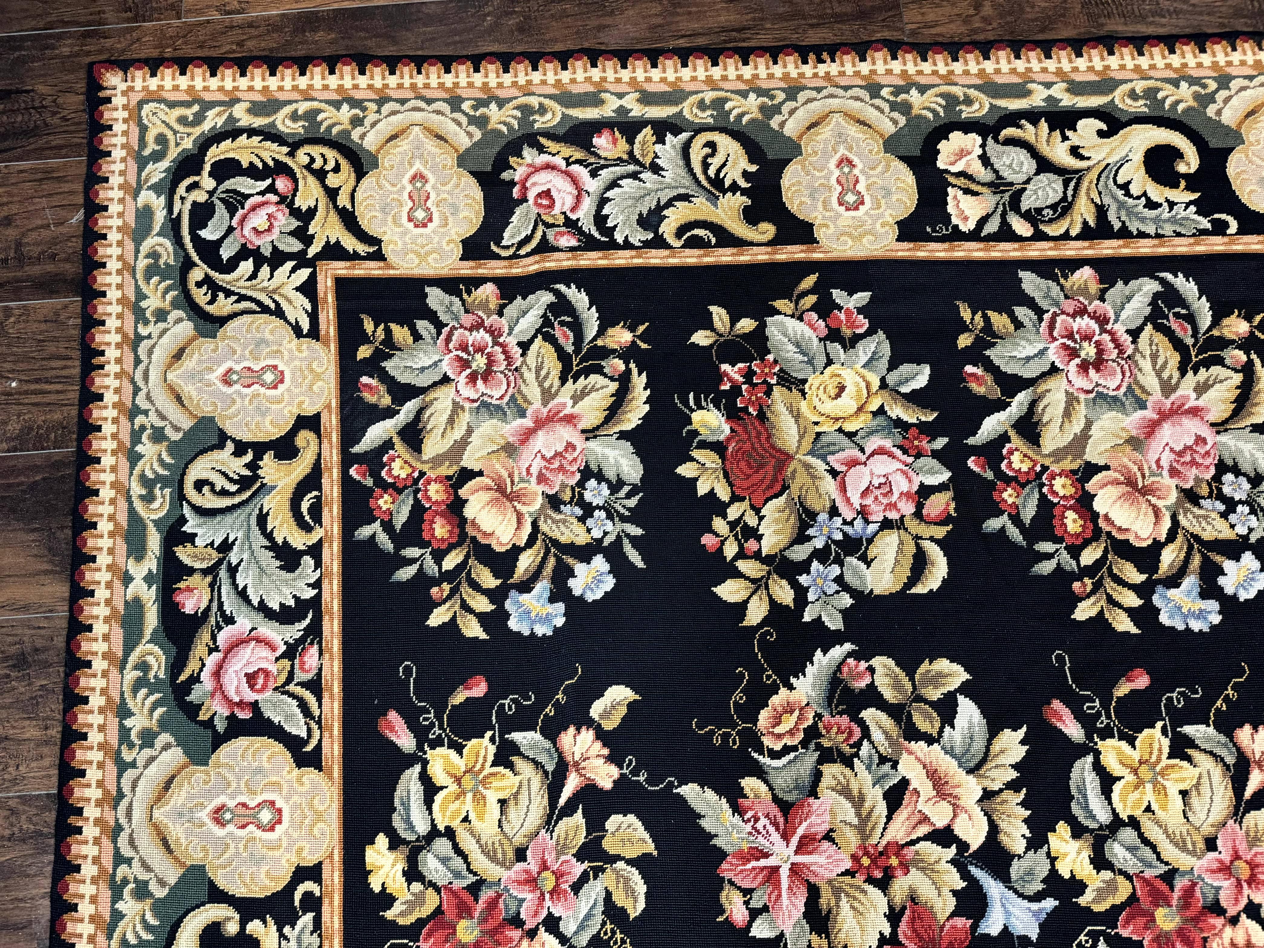 Palace Size Needlepoint Rug 12x16, Black and Colorful, Floral Panel, Handmade Oversized Wool Needlepoint Carpet, Rare - Jewel Rugs