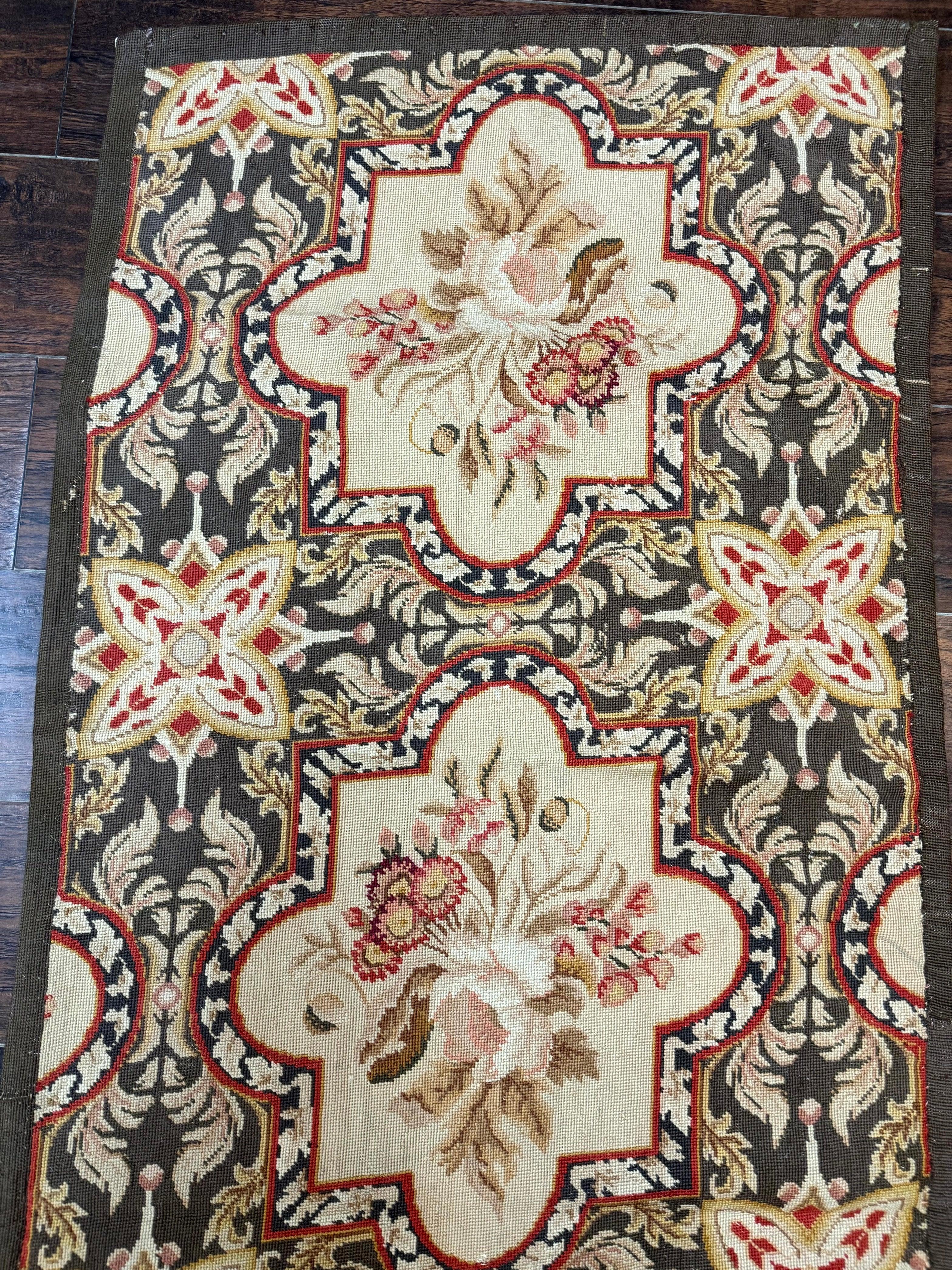 Needlepoint Runner Rug 2.7 x 9.7, European French Design, Wool, Handmade, Vintage - Jewel Rugs