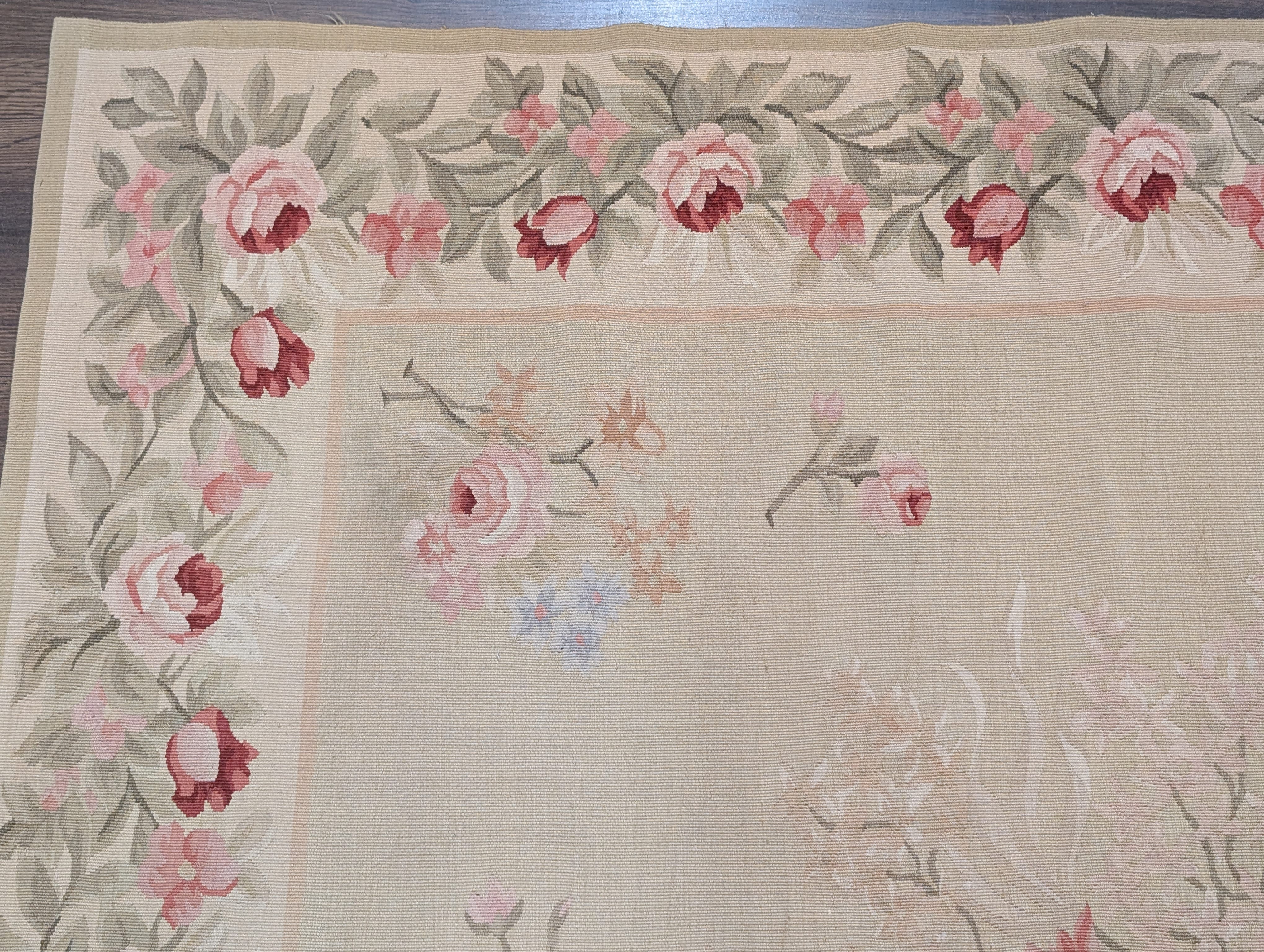 Square Aubusson Rug 4.8 x 5, French Vintage Floral European Wool Carpet - Jewel Rugs
