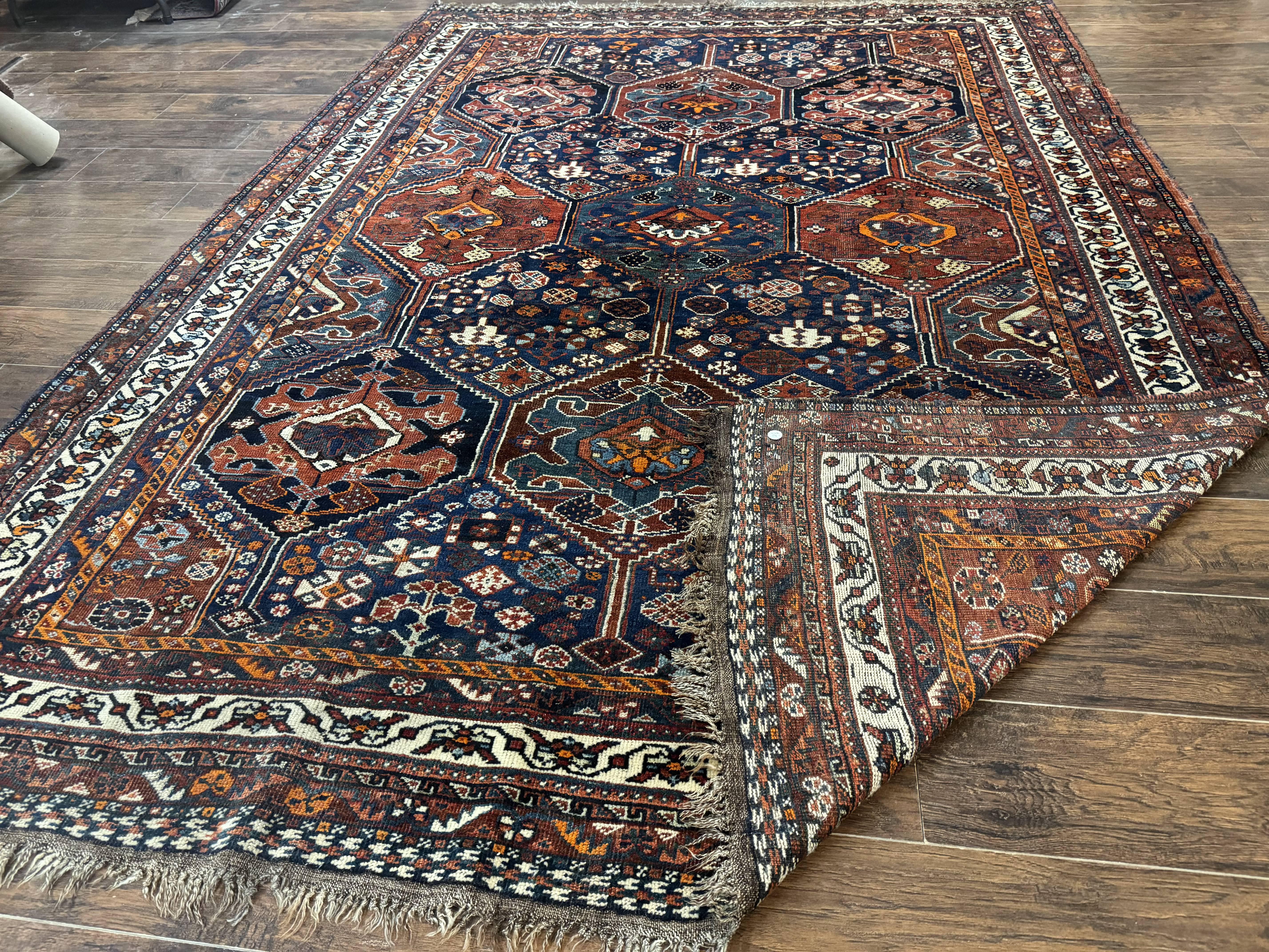 Persian Tribal Rug 7x10, Panel Design, Wool on Wool, Dark Blue, Antique Persian Carpet, Persian Shiraz Rug - Jewel Rugs