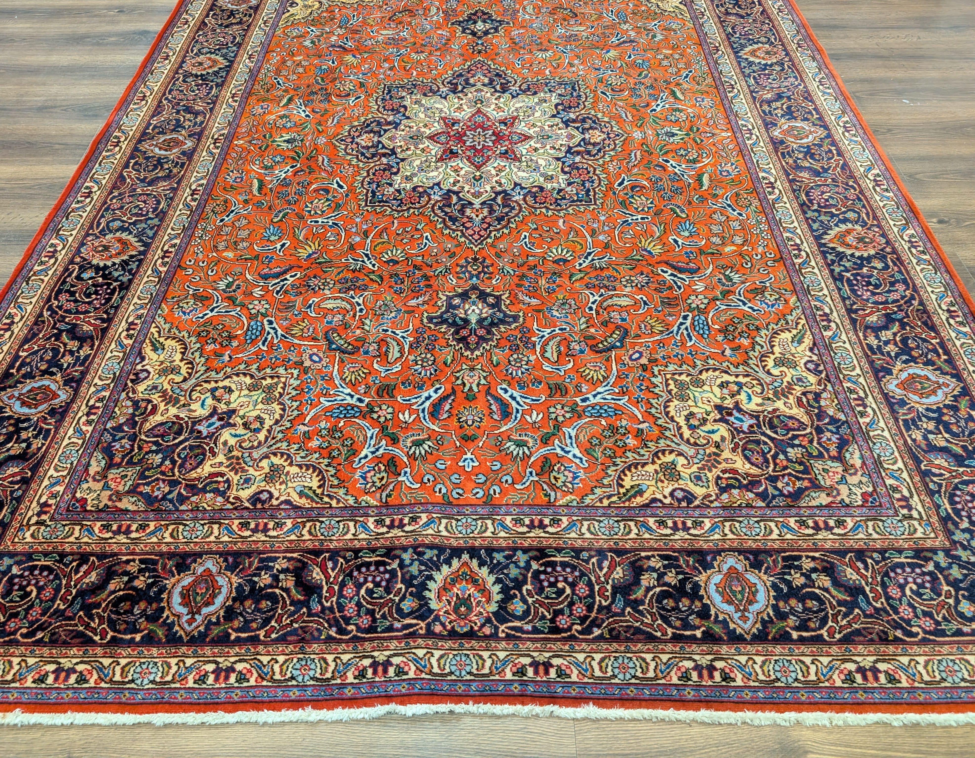Persian Tabriz Rug 7x10, Hand-Knotted Wool Carpet, Burnt Orange & Navy Blue - Jewel Rugs