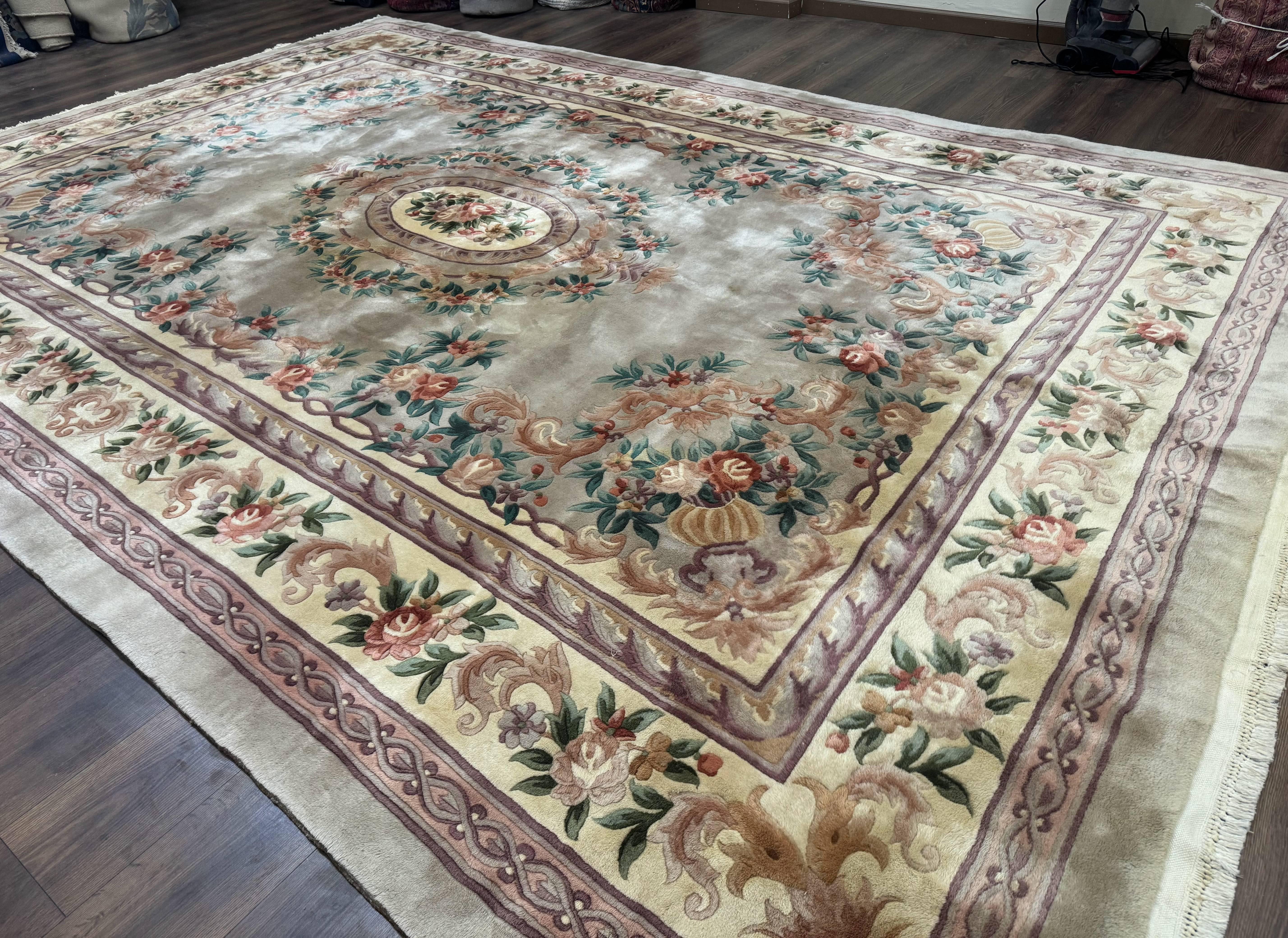 Chinese Aubusson Rug 10x14, Soft Thick Wool Pile, Gray and Beige, Floral, Vintage 1960s Chinese Wool Rug - Jewel Rugs