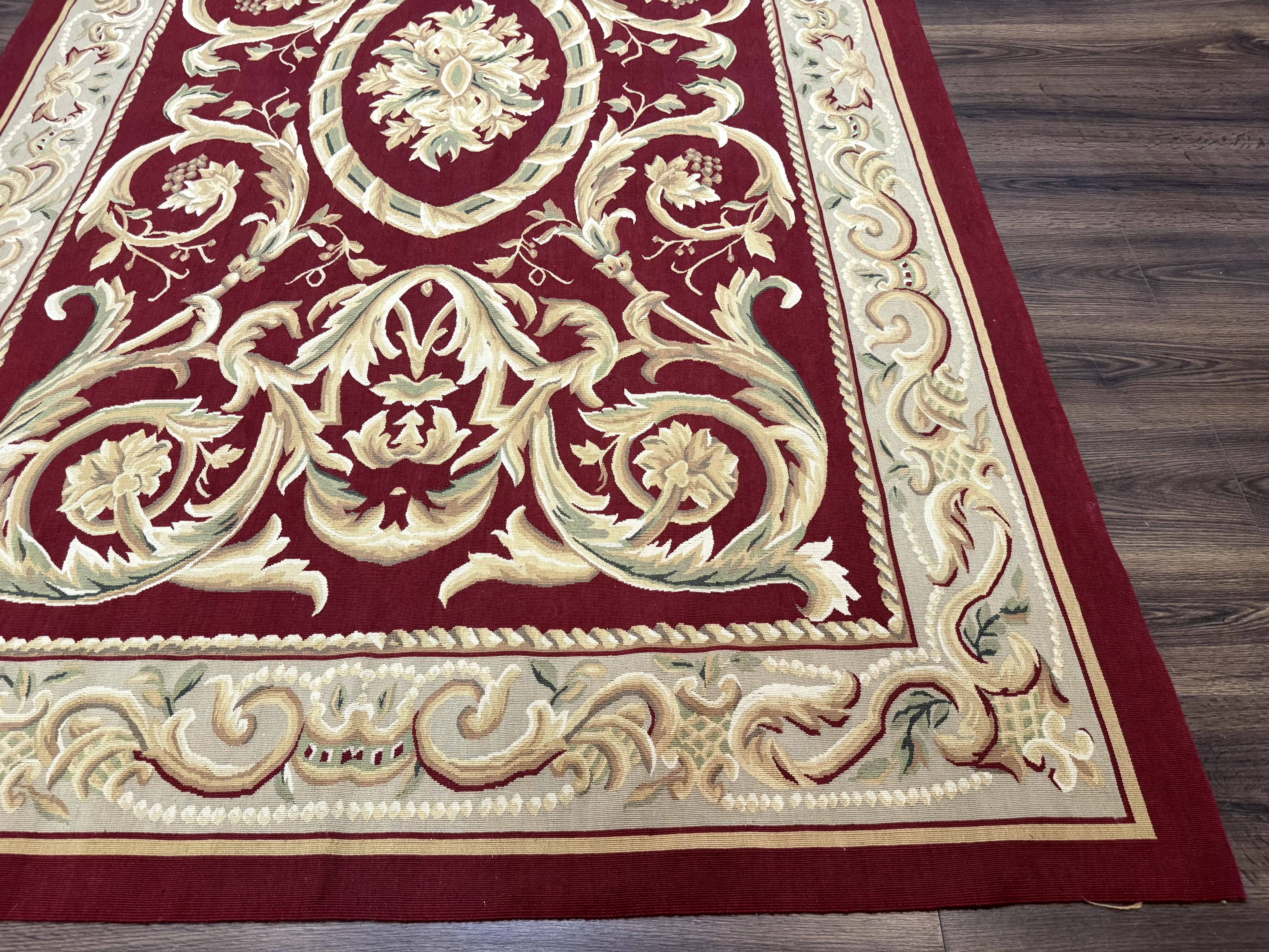 Burgundy Aubusson Rug 6x9, Vintage Wool Carpet - Jewel Rugs