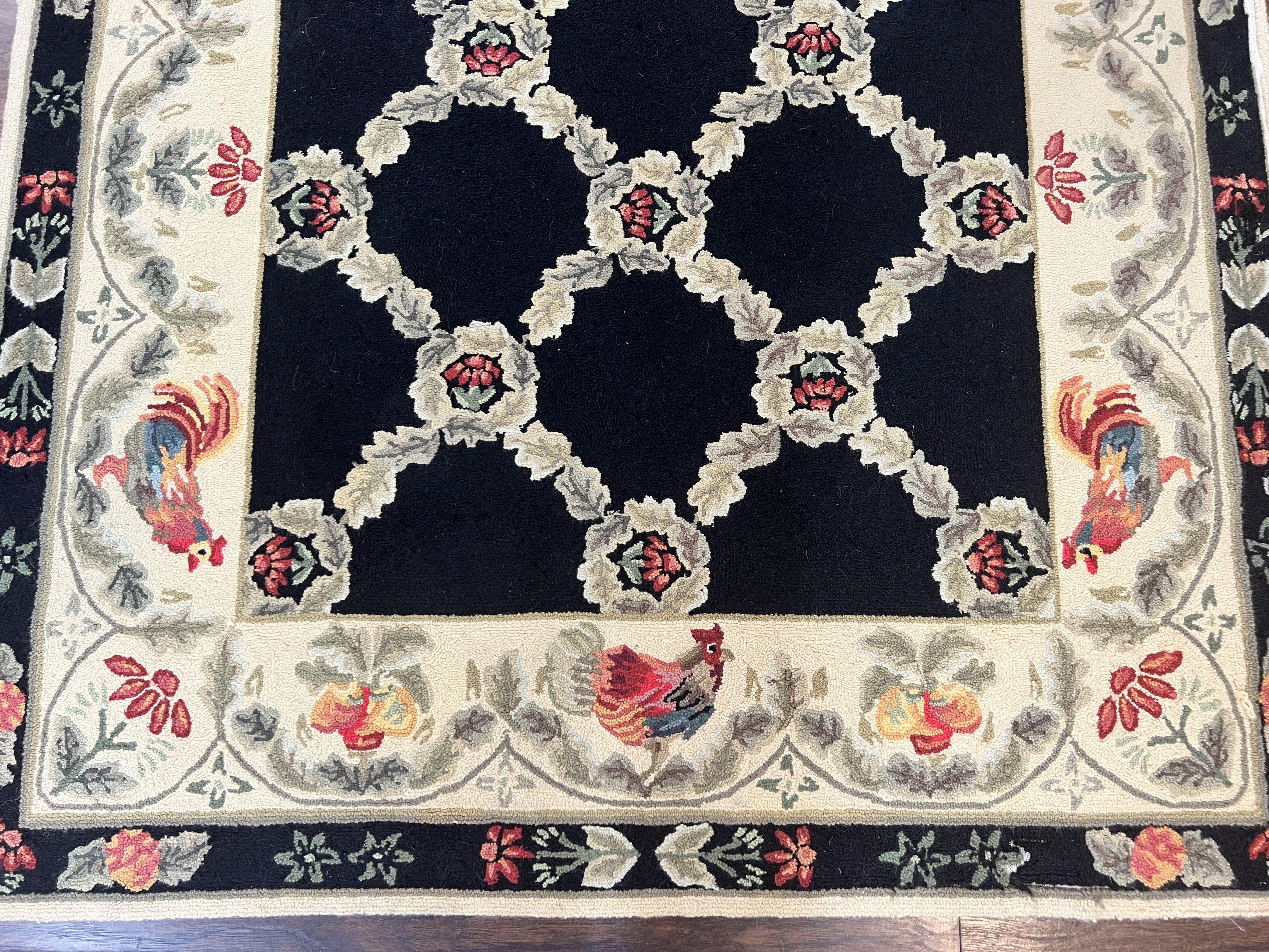 Hooked Rug 5x8, European Aubusson Pattern, Black and Ivory, Roses & Roosters, Vintage Wool Rug - Jewel Rugs