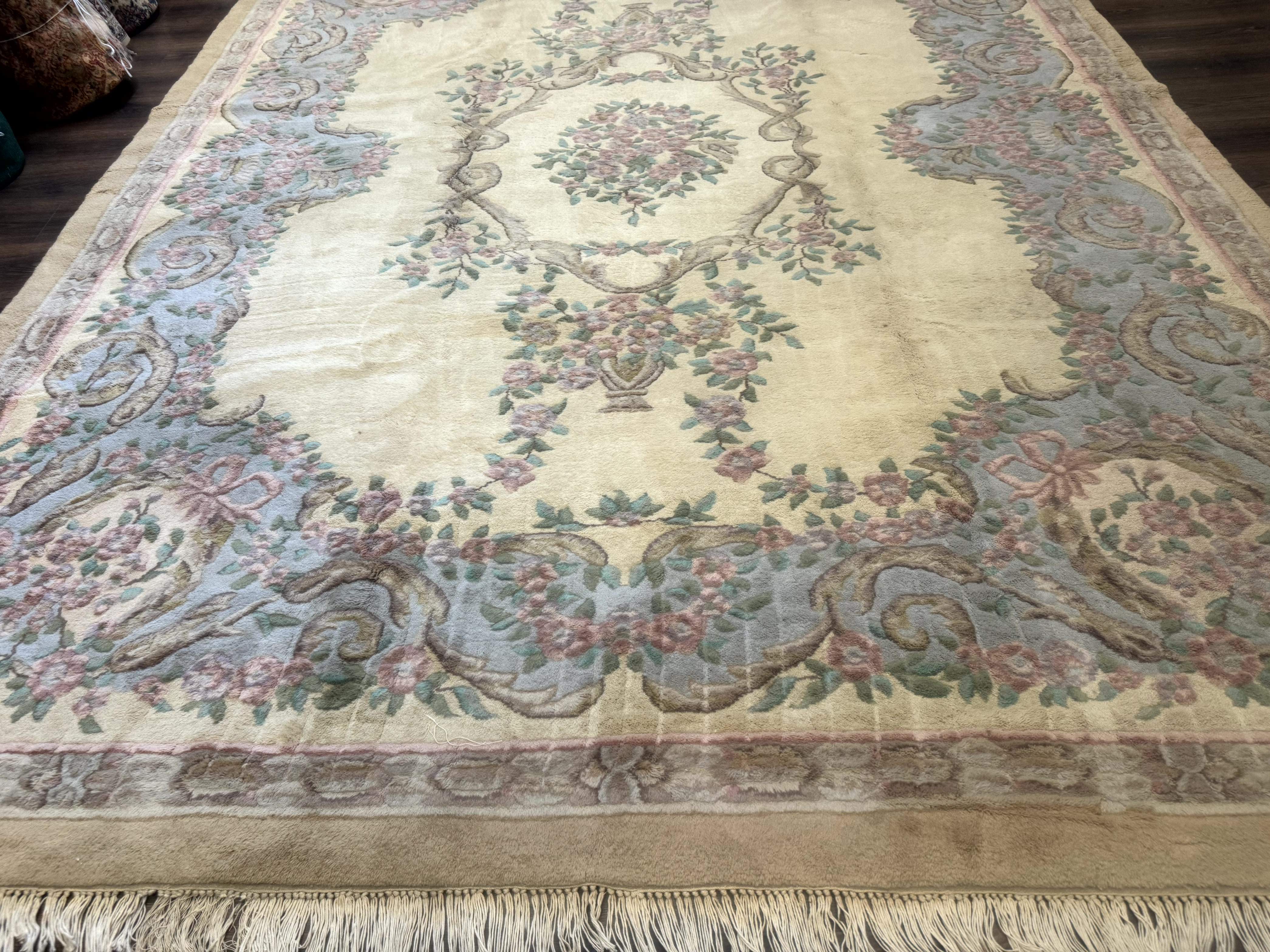 Indo Chinese Aubusson Rug 9x12, Cream and Light Blue, Soft Thick Wool Pile - Jewel Rugs