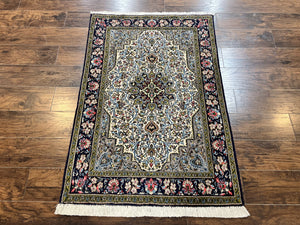 Persian Qum Rug 3x5, Wool with Silk Highlights, Handmade Semi Antique Carpet, Ivory & Navy Blue, Floral Medallion, Finely Hand Knotted