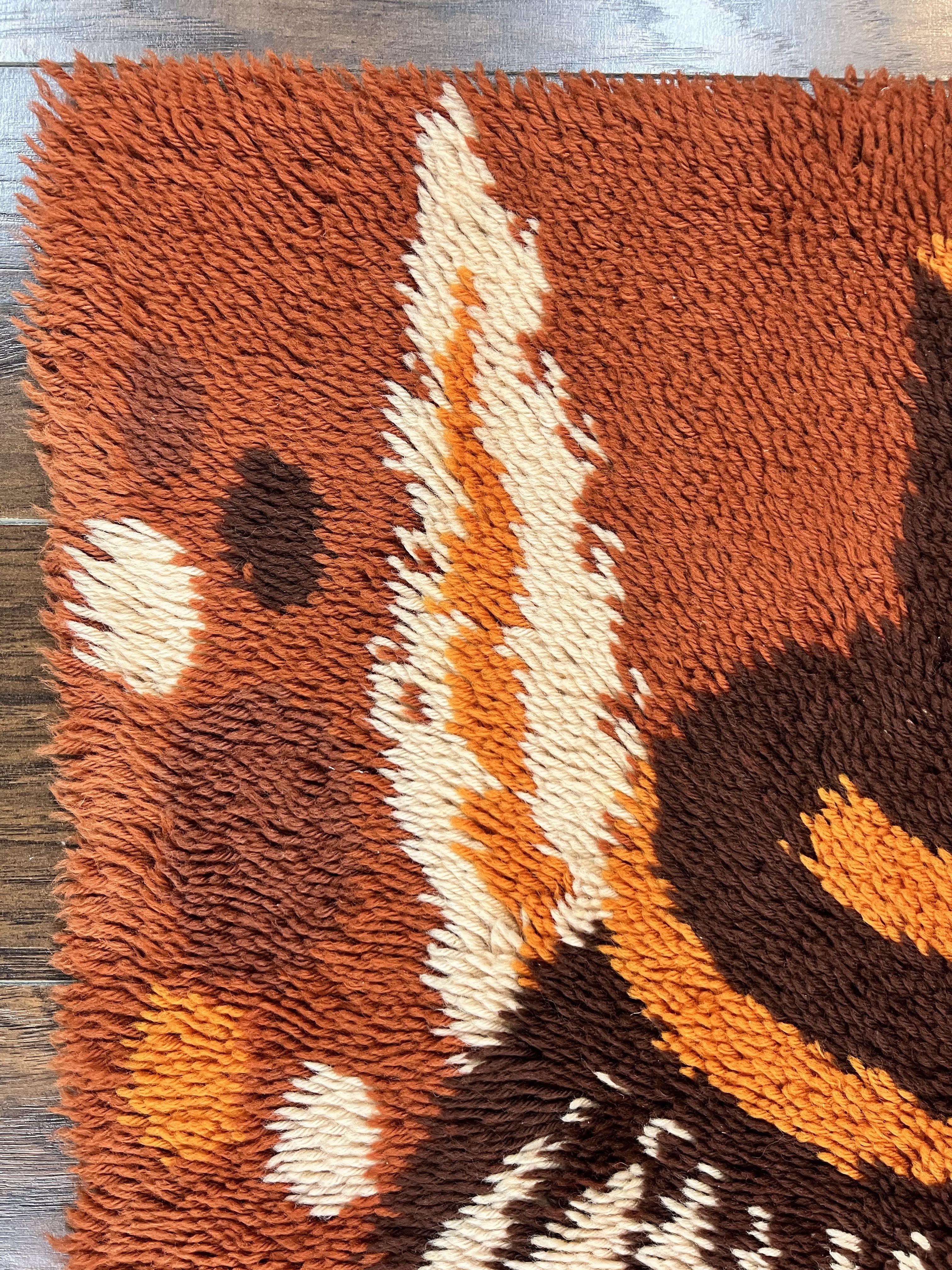 Rya Shag Rug 2x4, Rabbit in Top Hat, Wool, Orange, Vintage 1960s Danish Shag Rug - Jewel Rugs