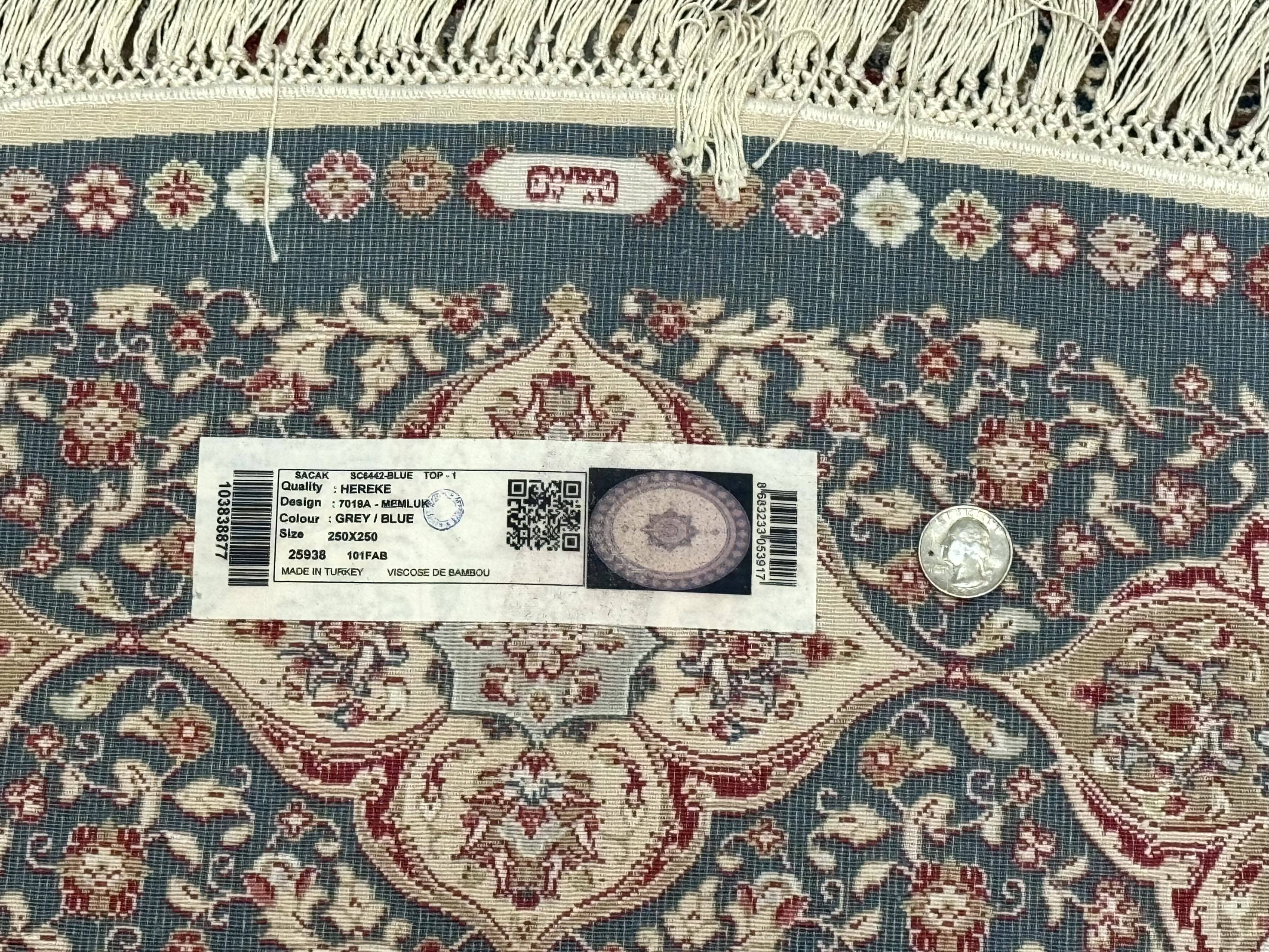 Large Turkish Round Silk Rug 8x8 ft, Floral Medallion, Ivory & Navy Blue, Bamboo Silk, New - Jewel Rugs