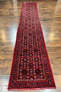 Persian Runner Rug 3 x 16, Wool Handmade Long Antique Hamadan Oriental Rug for Hallway, Red Tribal Rug, Allover Pattern, 3x16 Runner Rug