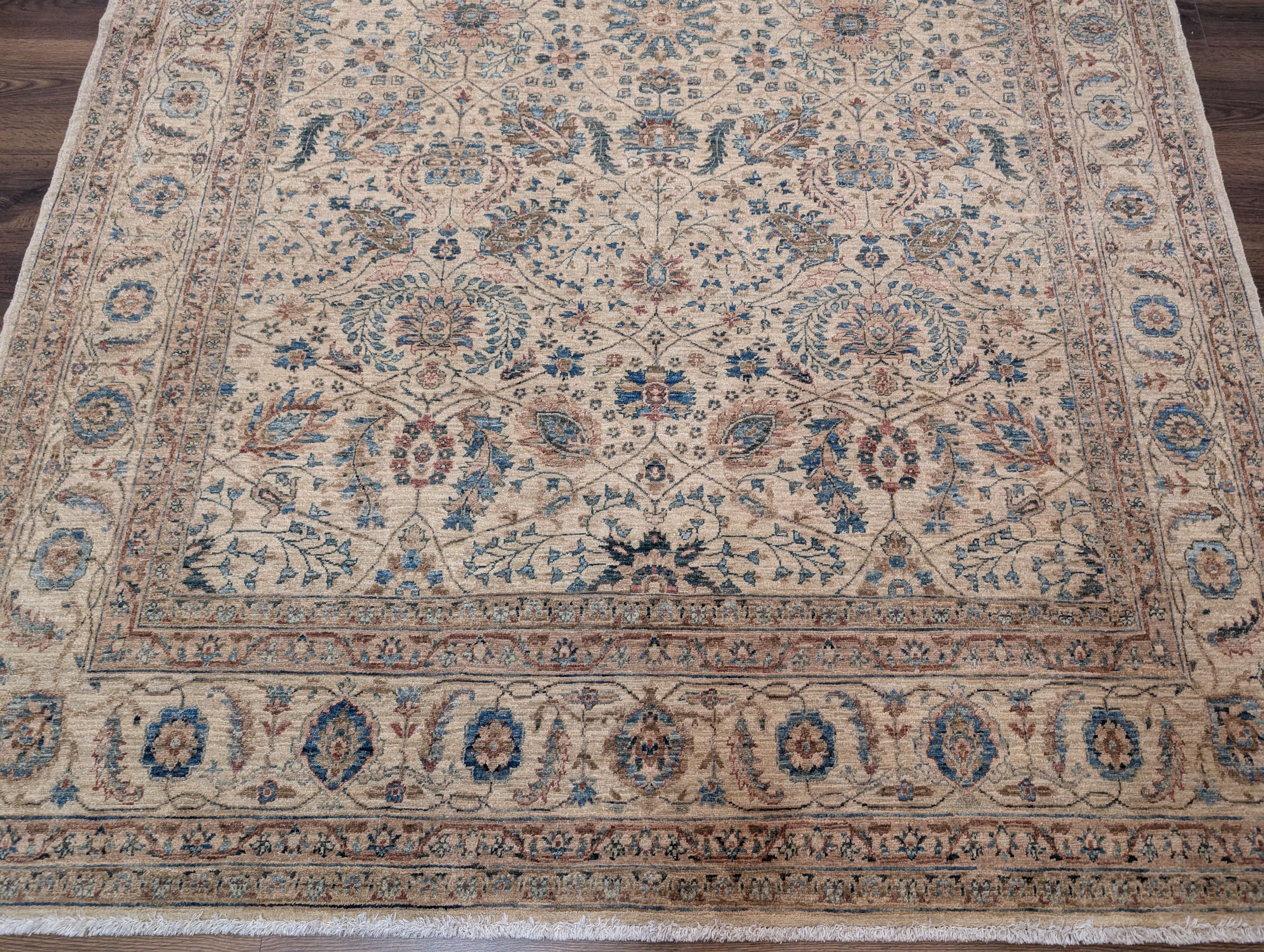 Persian Kashan Rug 6x9 – Oat and Blue Hand Knotted Wool Carpet, Light Colors, 200 KPSI - Jewel Rugs