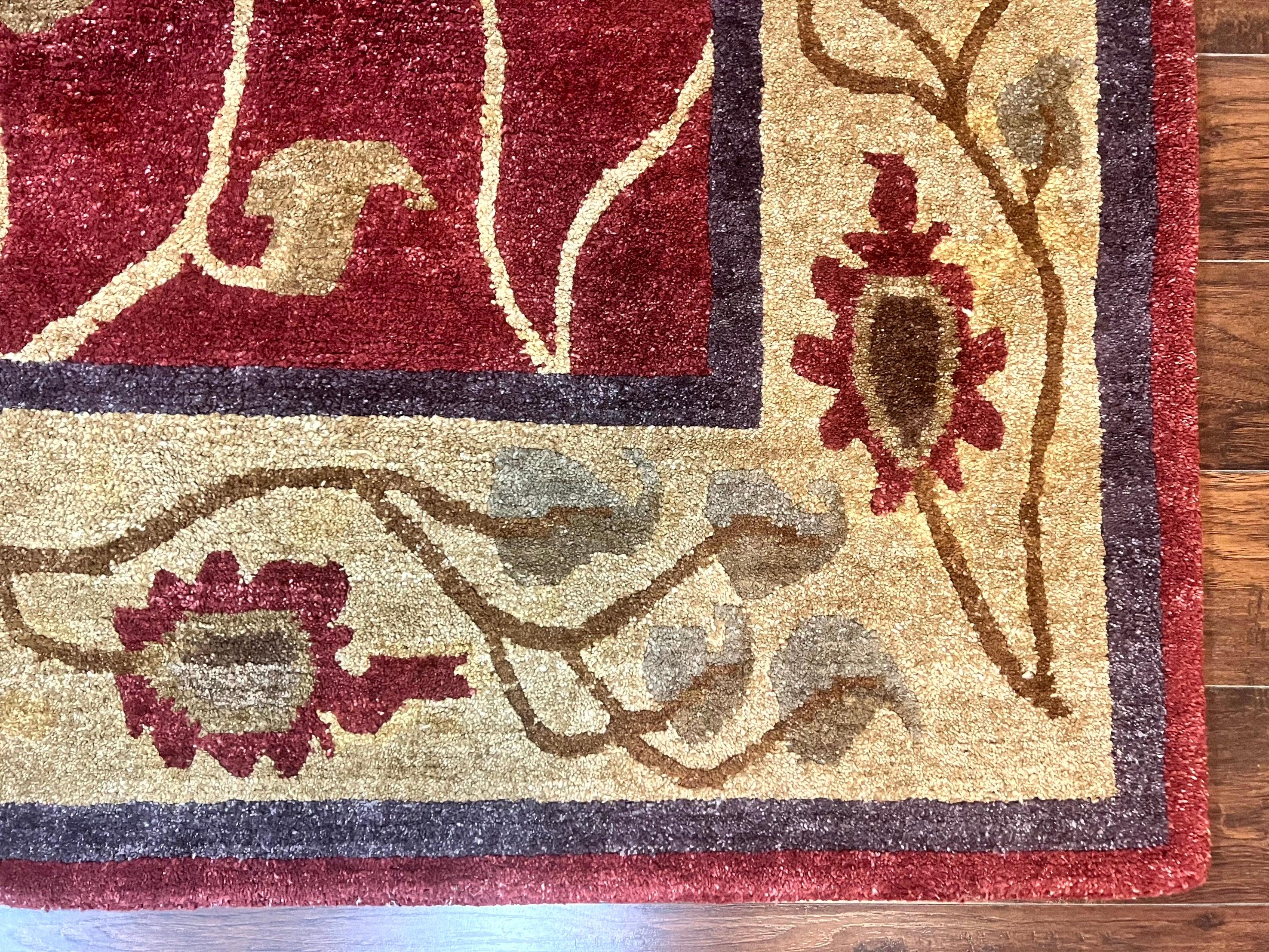 Tibetan Aubusson Rug 8x10, Maroon and Beige, Floral, Handmade, Wool, Vintage, Traditional Rug - Jewel Rugs