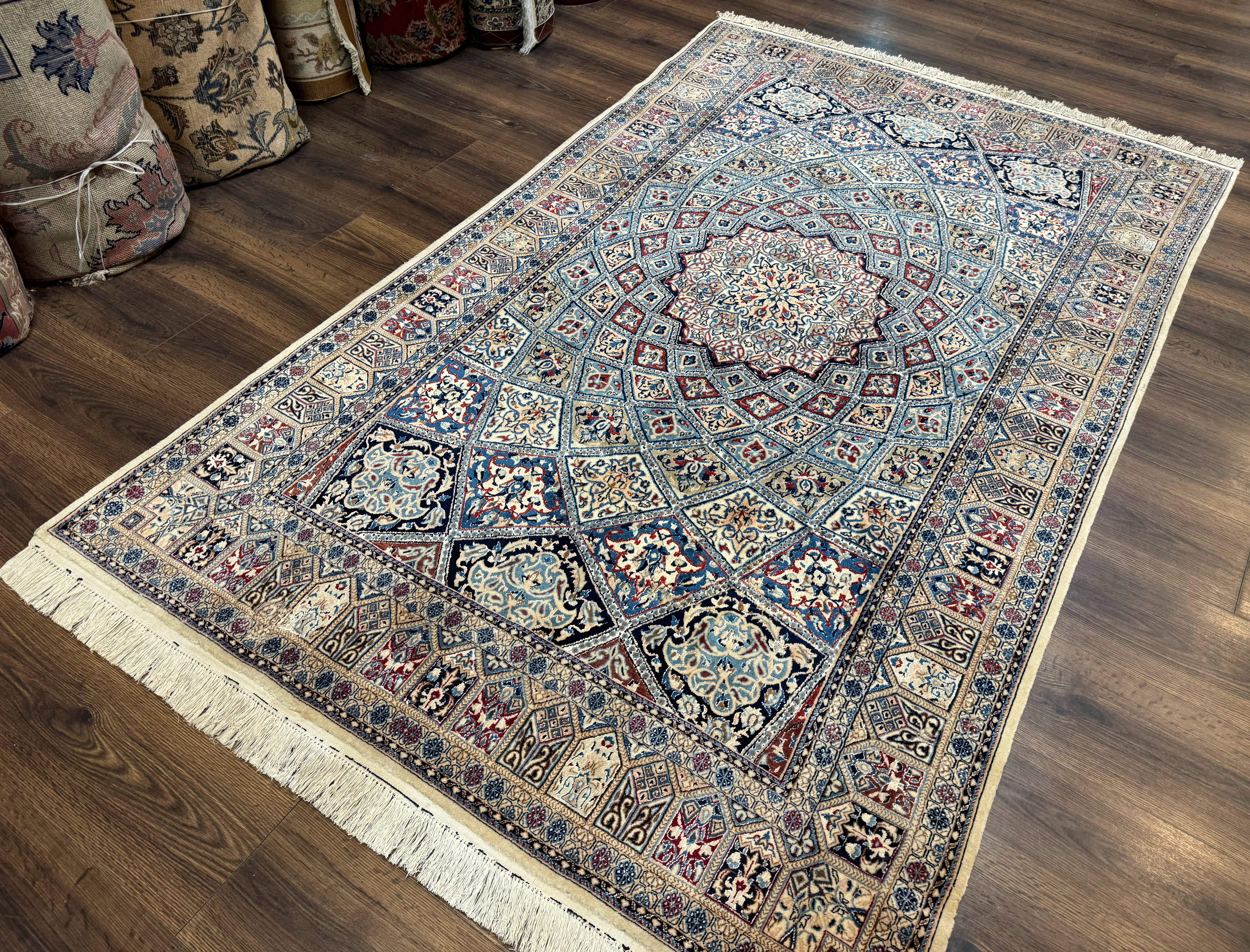 Persian Nain Rug 5x7, Very Fine 500 KPSI, Ivory and Blue, Dome Design, Wool & Silk - Jewel Rugs