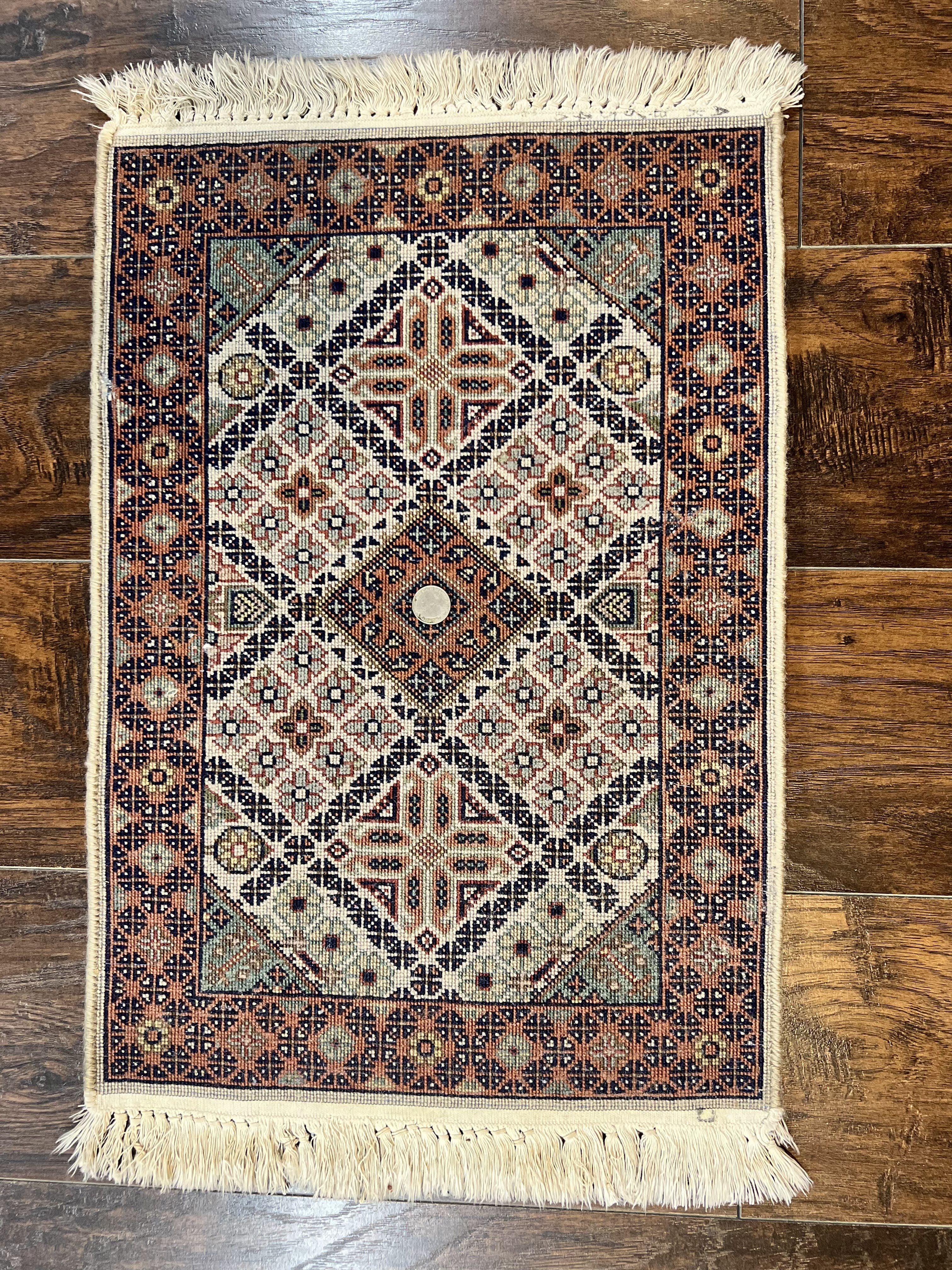 Small Indo Persian Rug 1.5 x 2, Hand Knotted Oriental Carpet, Wool Vintage Handmade, Cream Multicolor, Panel Design - Jewel Rugs
