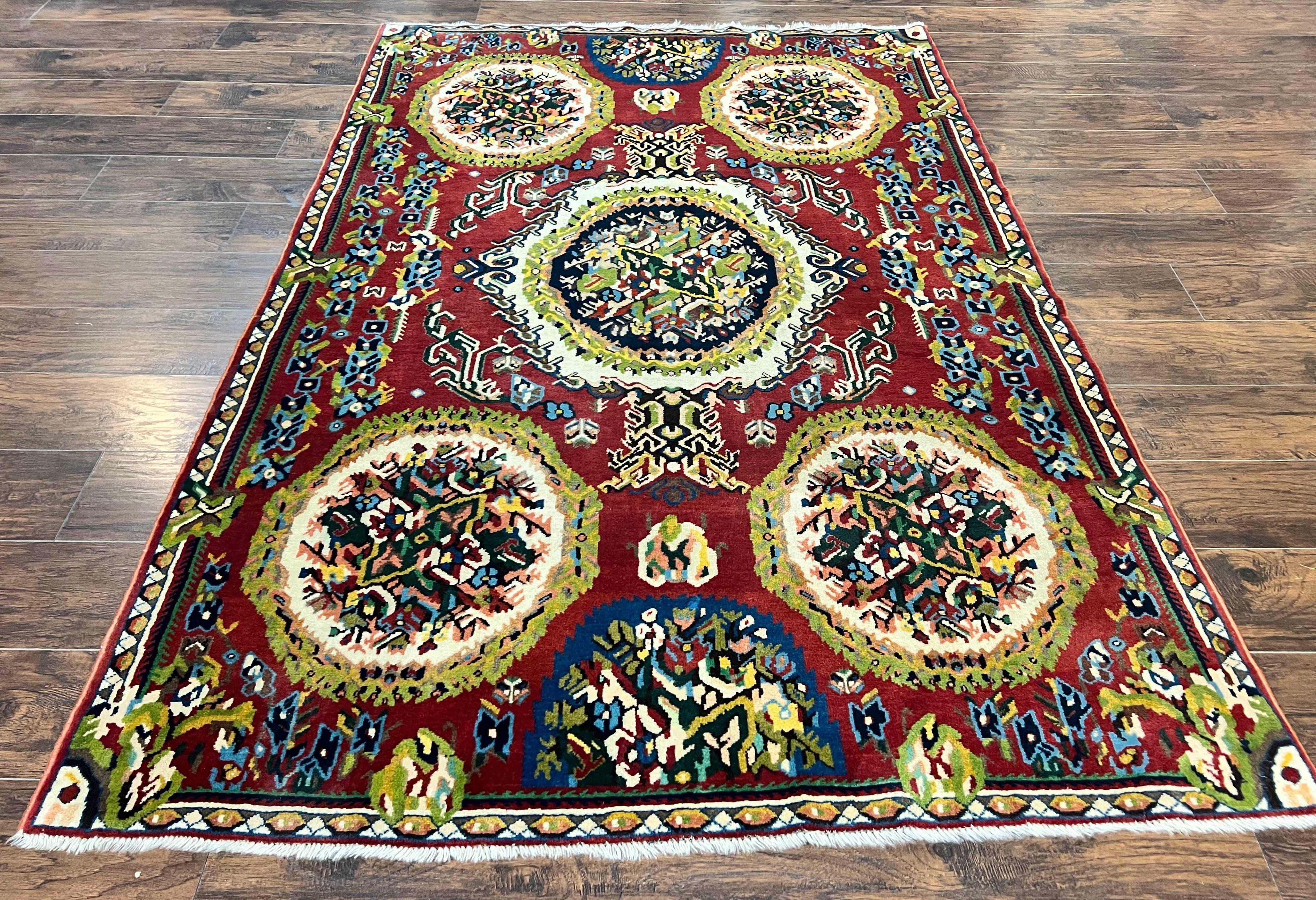 Persian Bakhtiari Rug 5x8, Wool Hand Knotted Antique Carpet, Red, Floral Oriental Rug, 5 x 8 Medium Sized Rug - Jewel Rugs