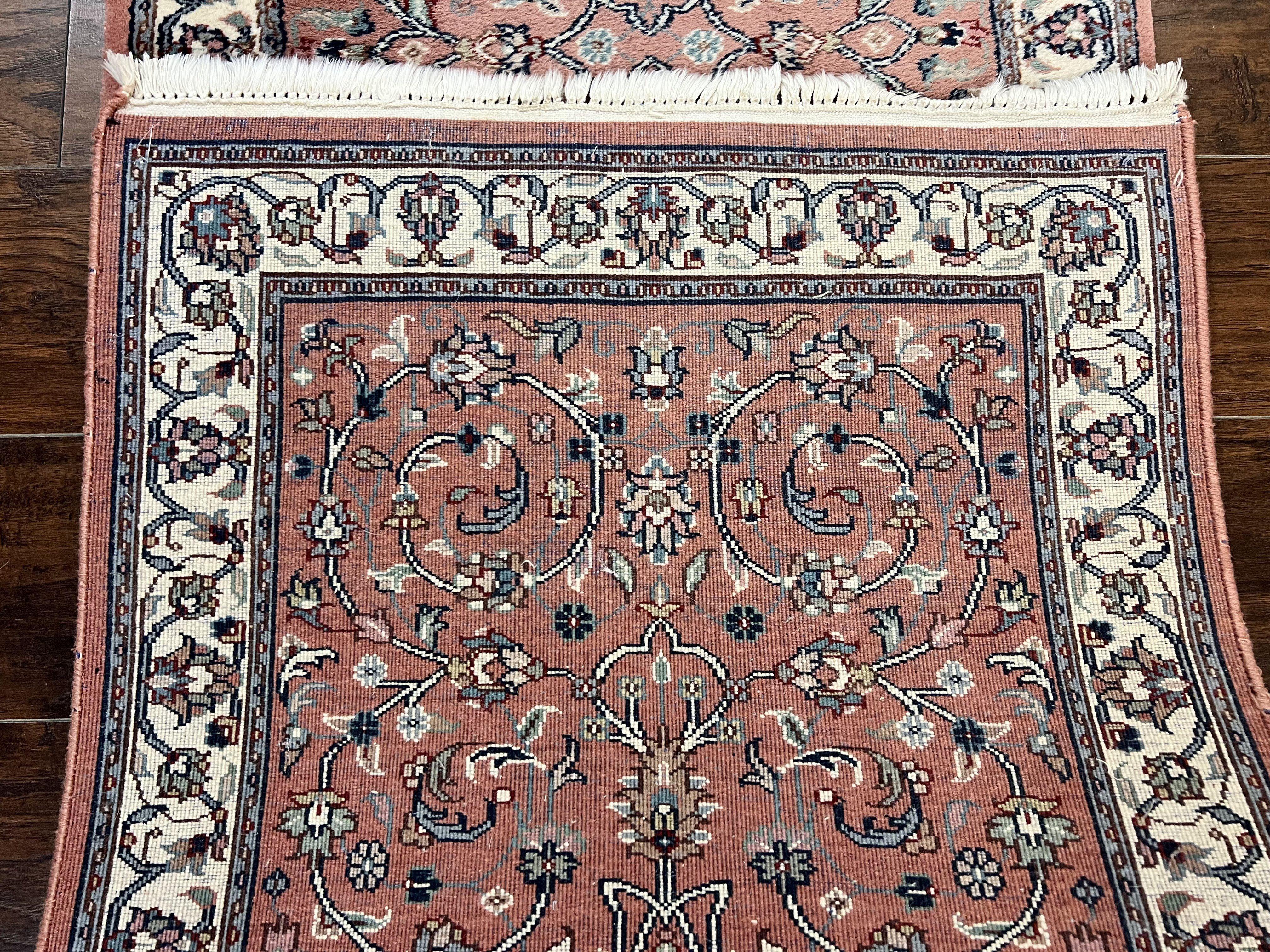 Indo Persian Runner Rug 2.6 x 10, Wool Hand Knotted Vintage Oriental Carpet, Pink & Ivory, Floral Allover, Hallway Rug - Jewel Rugs