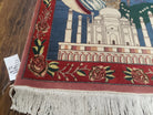 Vintage Small Pictorial Lovers Rug 2.5 x 4, Taj Mahal Indo Persian Rug, Wool Hand-Knotted Indian Rug, King & Queen, Layla and Majnun