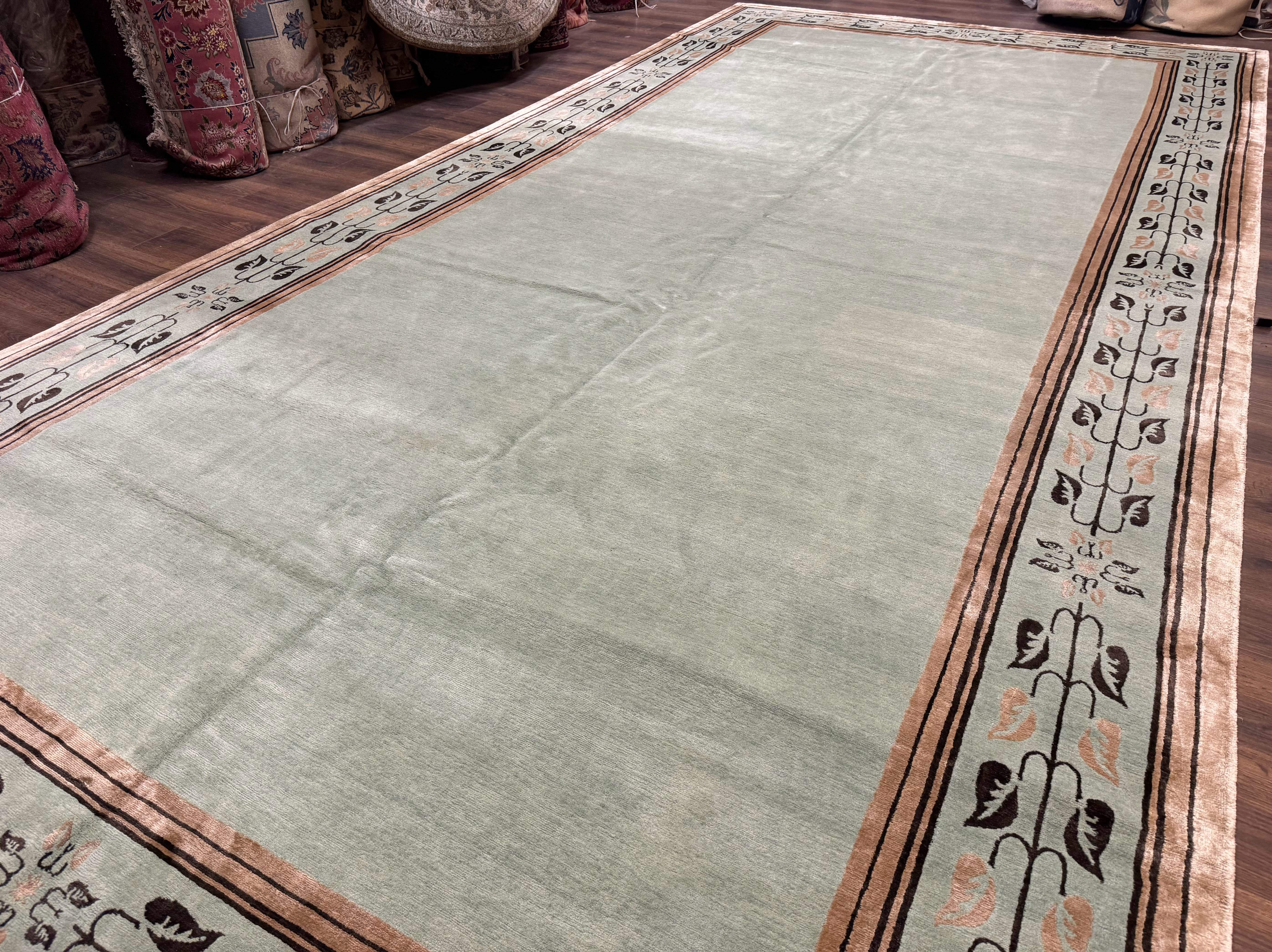 Palace Size Nepali Rug 9x18, Open Field, Light Mint Green, Wool Hand Knotted, Modern Contemporary - Jewel Rugs