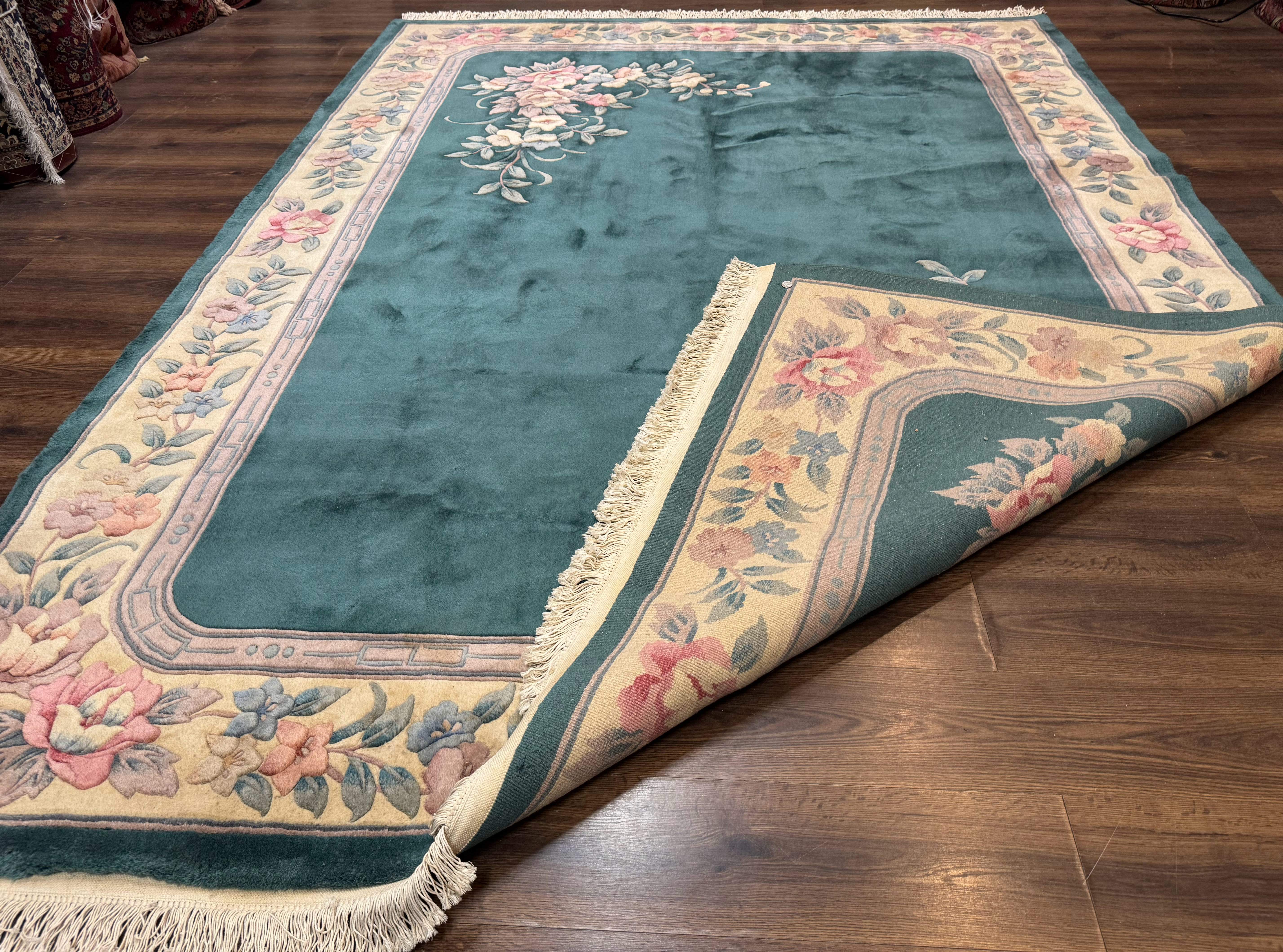 Chinese 90 Line Rug 8x11 ft – Teal and Beige, Hand-Knotted Wool, Aubusson Vintage Carpet - Jewel Rugs