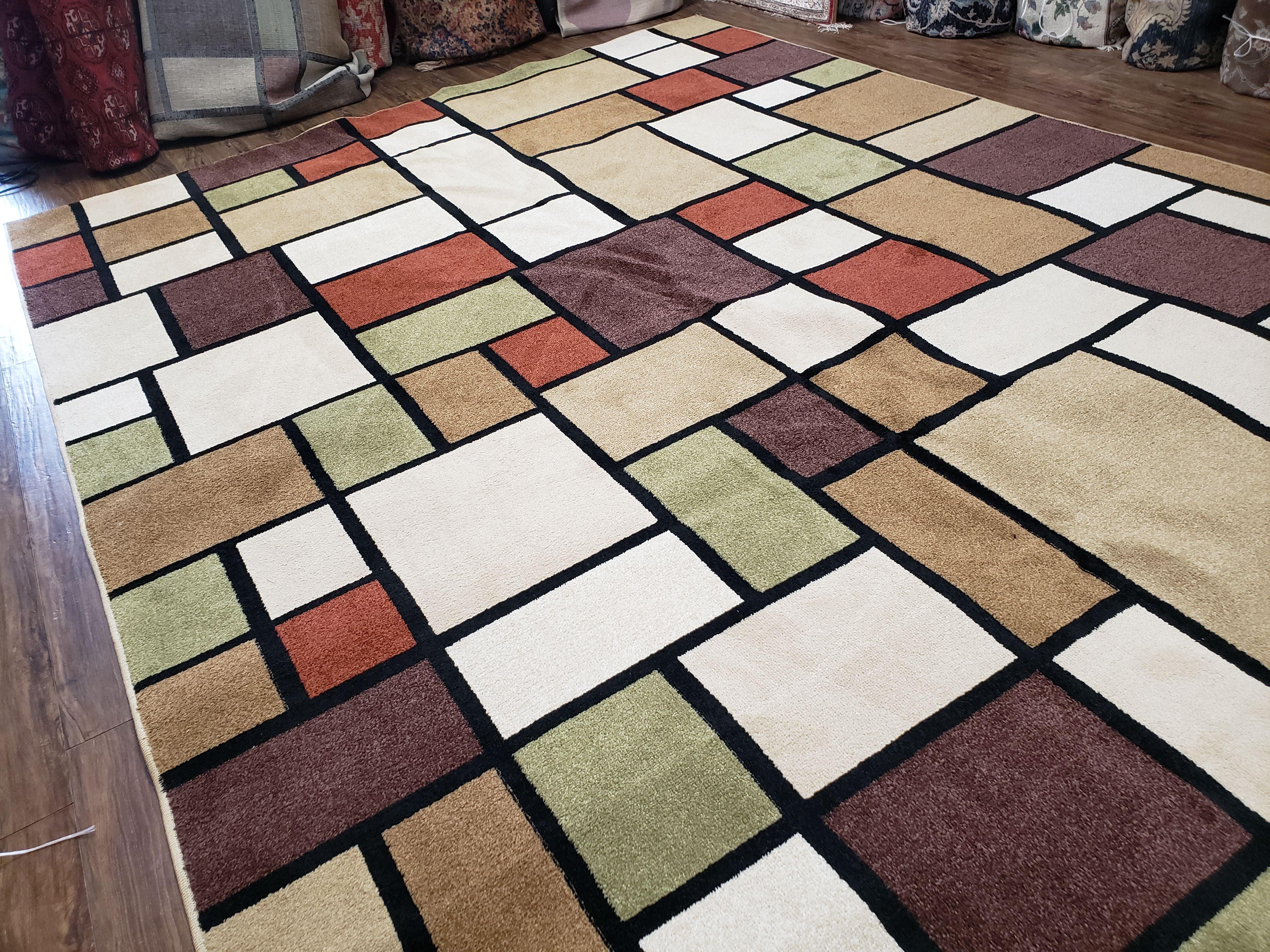 8x12 Modern Area Rug, Abstract Geometric Design 8 x 12 Area Carpet, Tan, Cream, Maroon, Nice - Jewel Rugs
