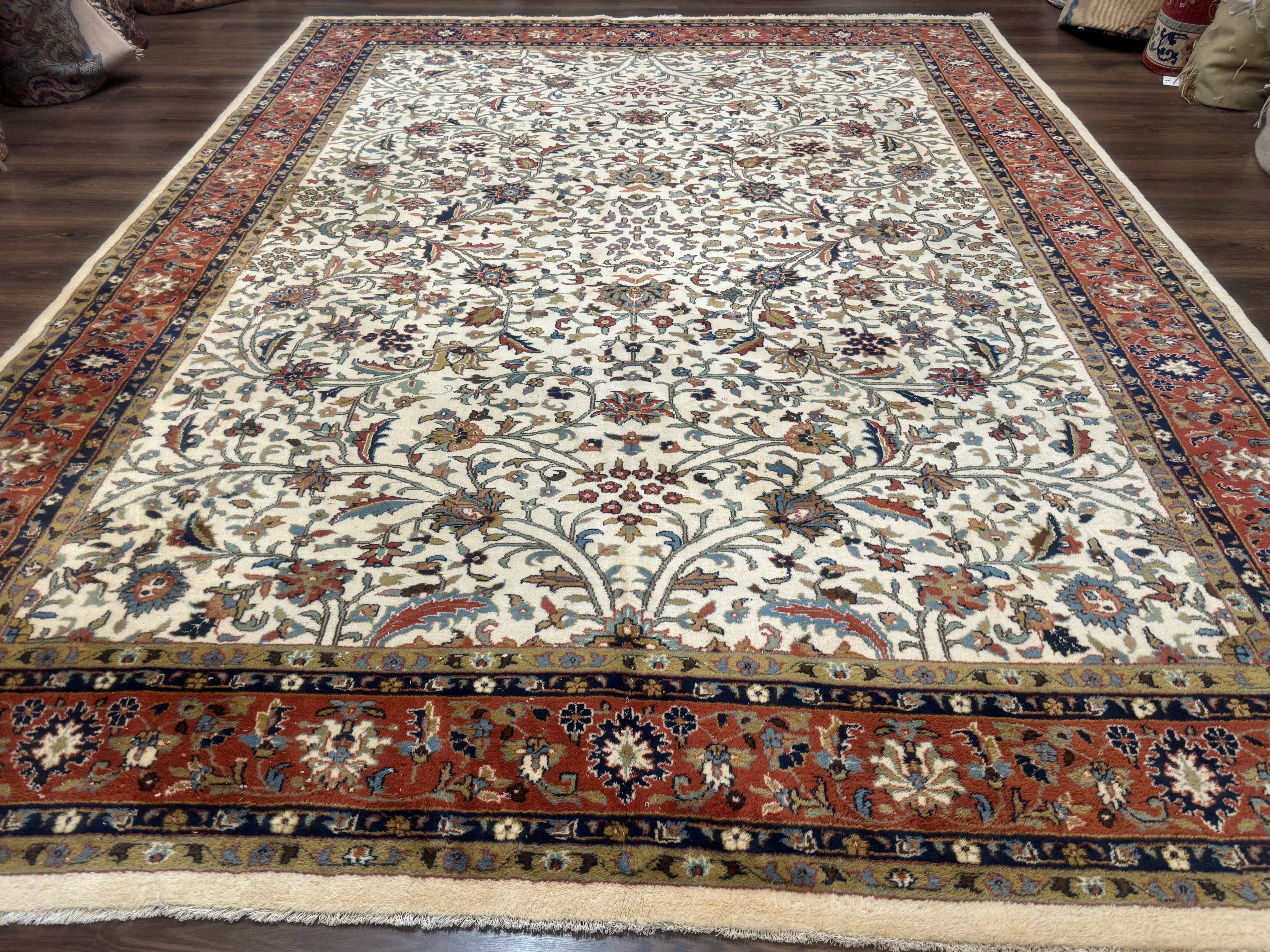Indo Persian Rug 9x12, Ivory and Red, Traditional Wool Oriental Carpet - Jewel Rugs