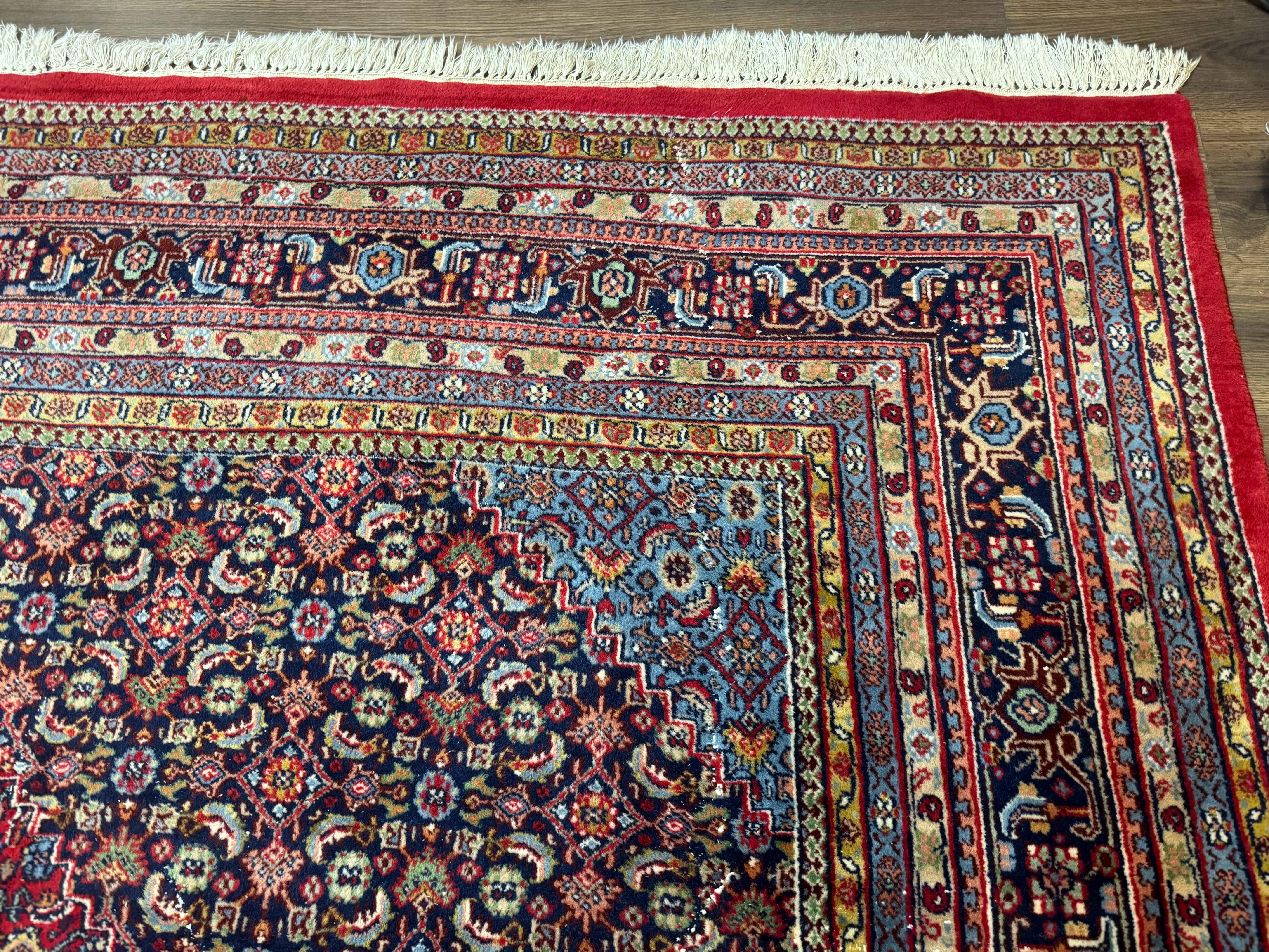 Indo Persian Bidjar Rug 10x14, Red and Dark Blue, Herati Mahi Pattern, Vintage - Jewel Rugs