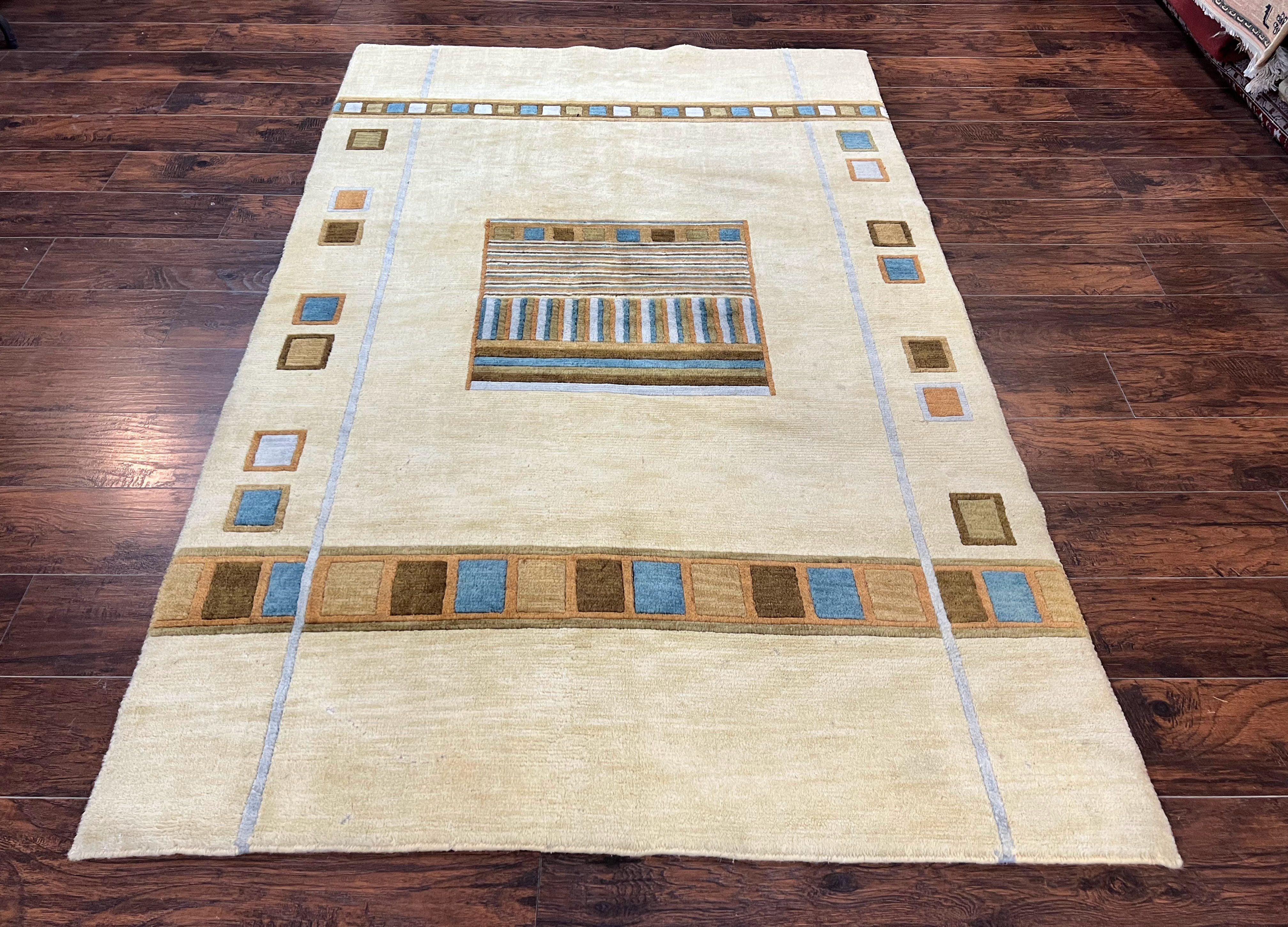 Tibetan Rug 5x8, Contemporary Rug 5 x 8 ft, Cream Brown Blue Hand-Knotted Wool w/ Silk Highlights Tibetan Carpet, Modern Rug - Jewel Rugs