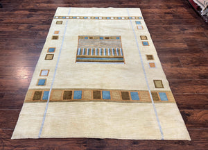Tibetan Rug 5x8, Contemporary Rug 5 x 8 ft, Cream Brown Blue Hand-Knotted Wool w/ Silk Highlights Tibetan Carpet, Modern Rug