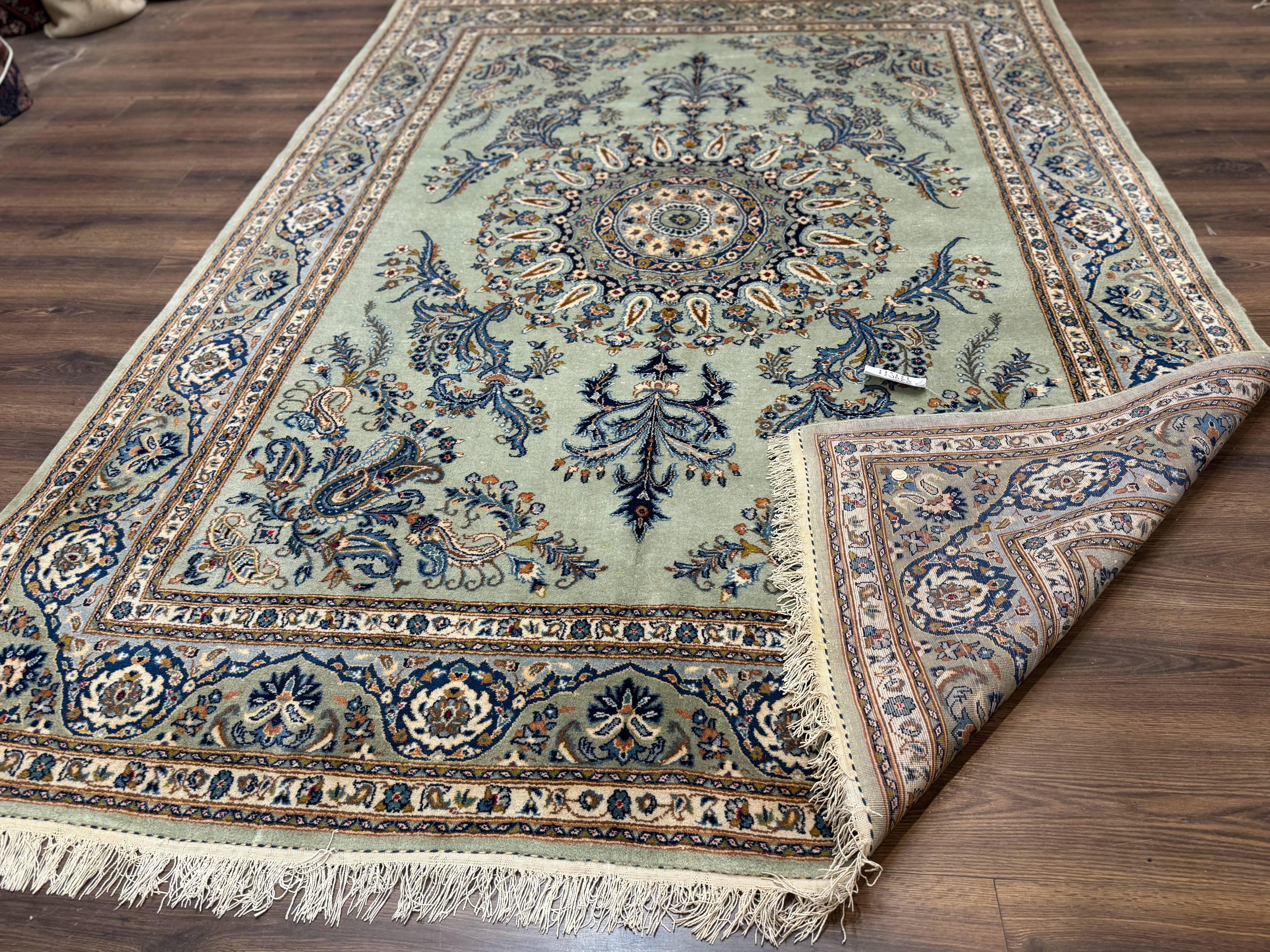 Light Green and Blue Persian Kashan Rug 7x10, Authentic Persian Carpet, Handmade, Wool - Jewel Rugs