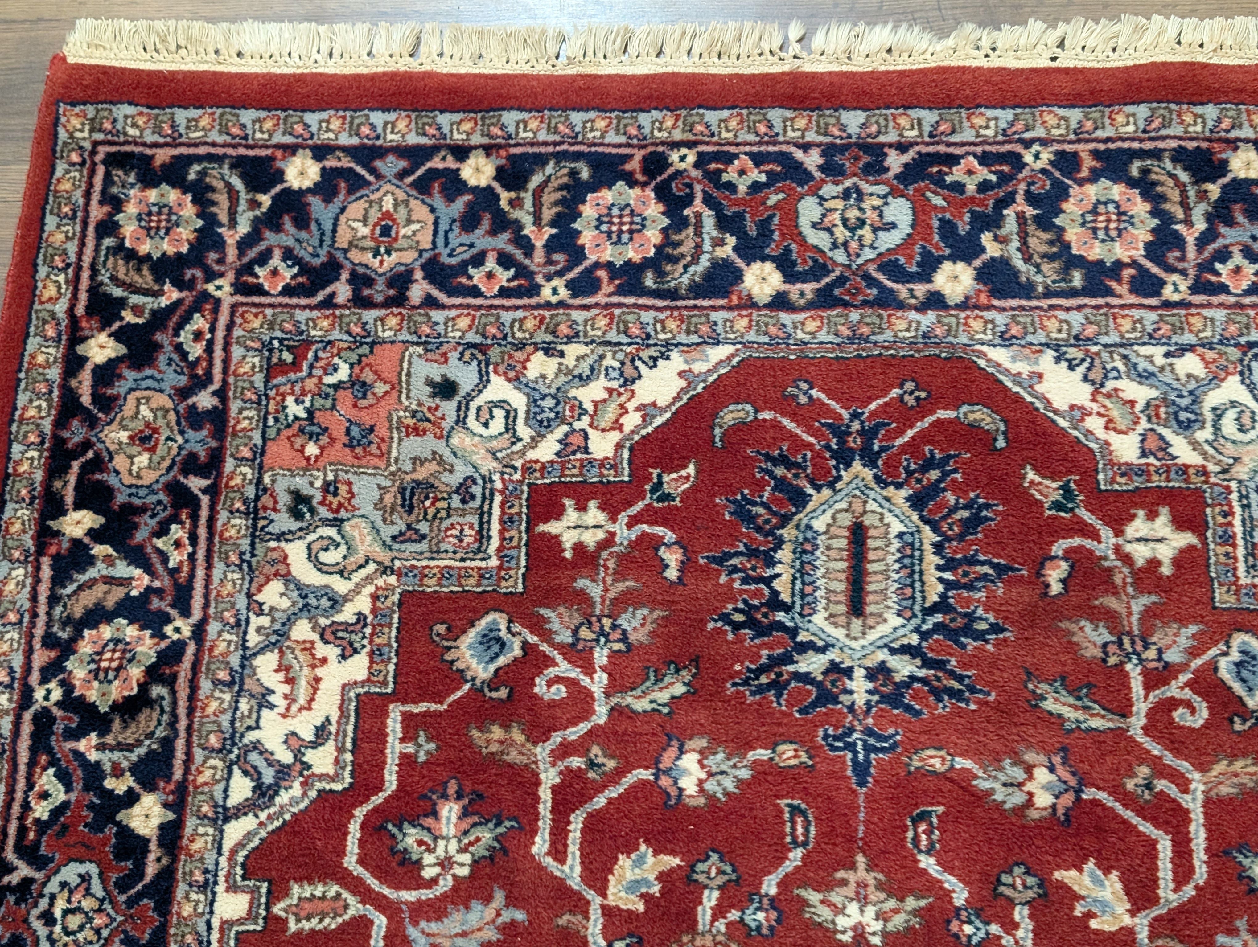 Indo Persian Heriz Rug 4x6, Red and Navy Hand Knotted Traditional Oriental Rug - Jewel Rugs