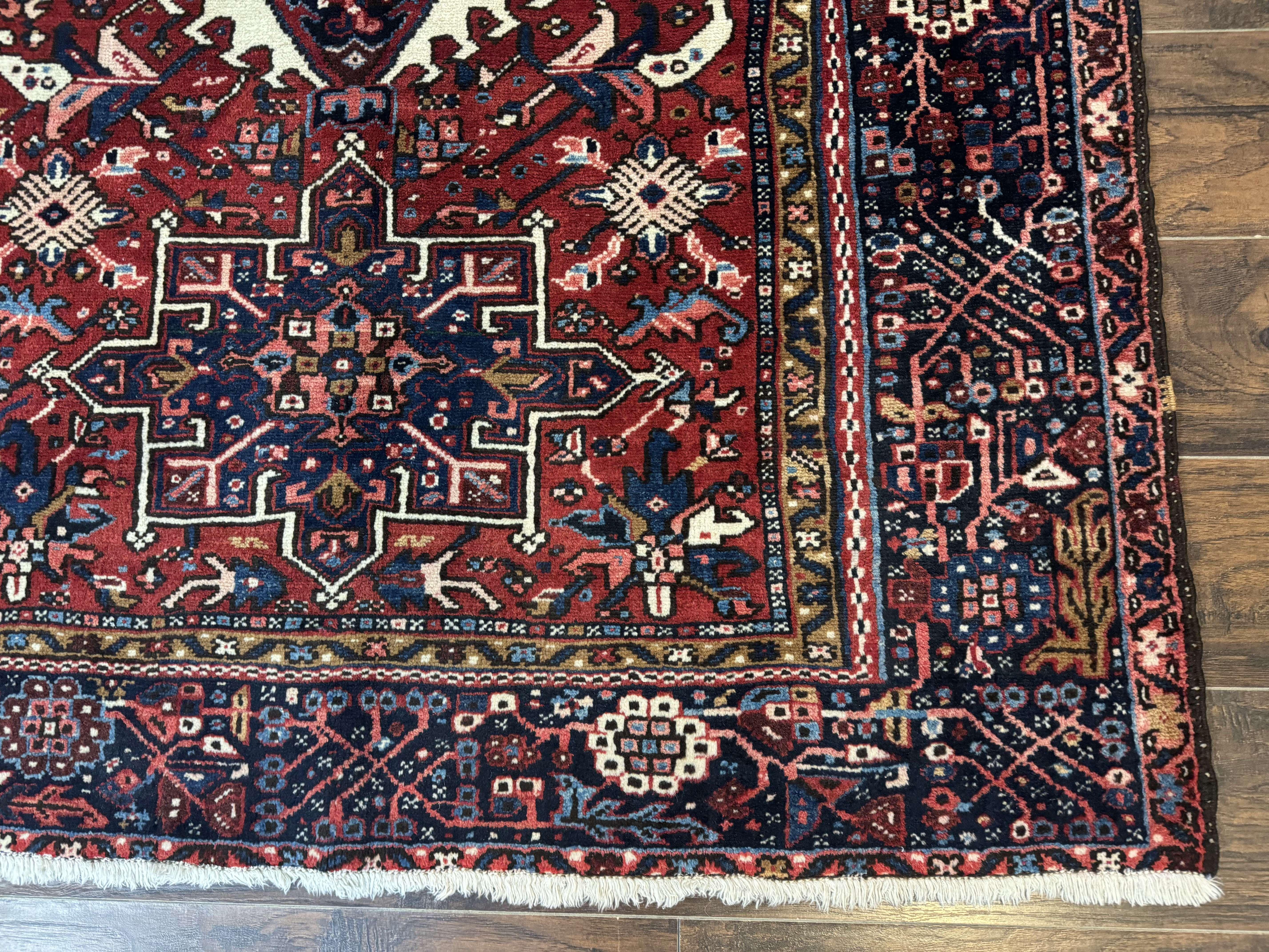 Persian Karajeh Rug 5x6, Antique Heriz Carpet, Geometric, Persian Tribal Rug, Brick Red Navy Blue - Jewel Rugs