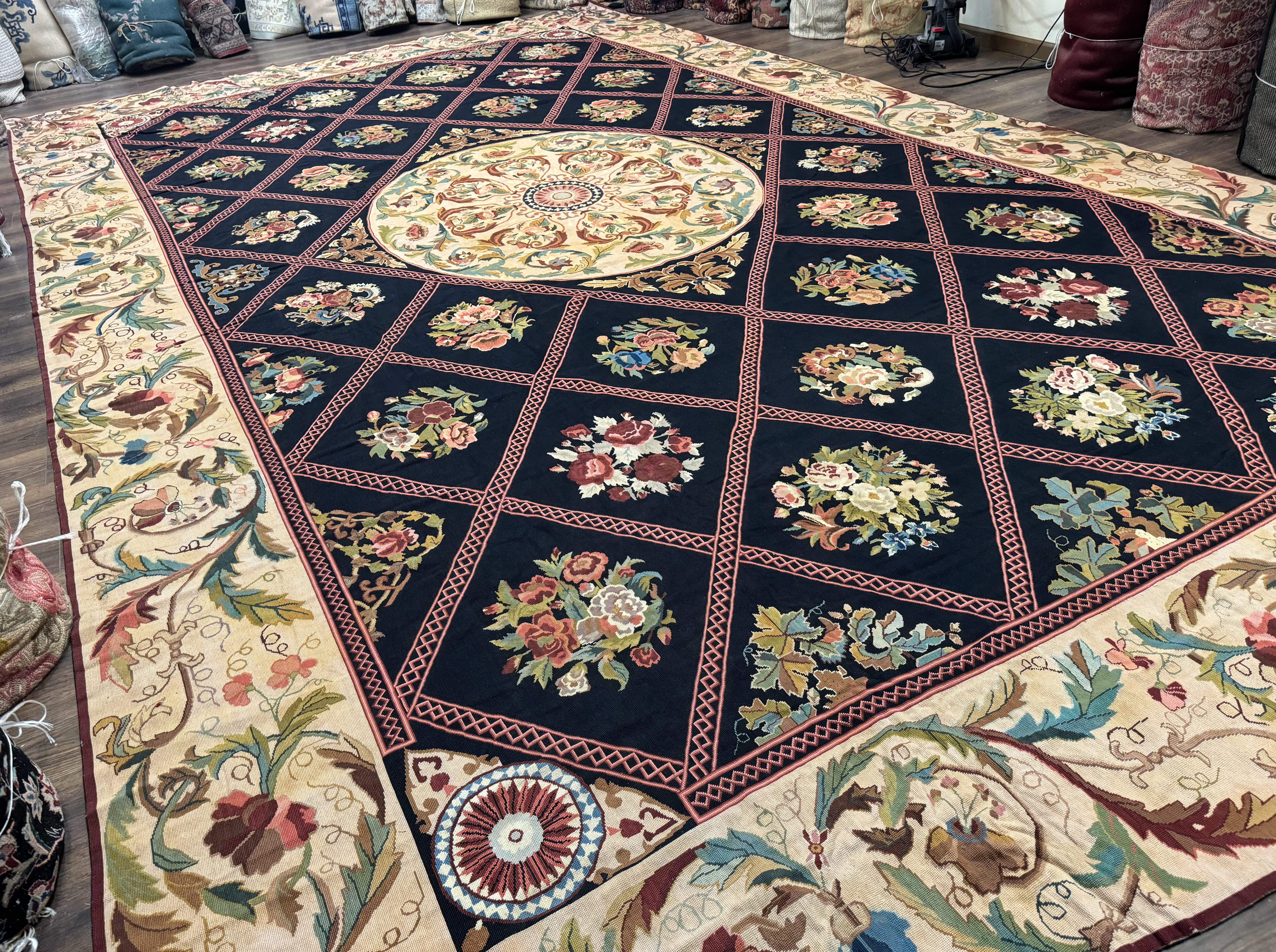 Palace Size Needlepoint Rug 12x20, European French English Aubusson Floral Design, Black and Beige - Jewel Rugs