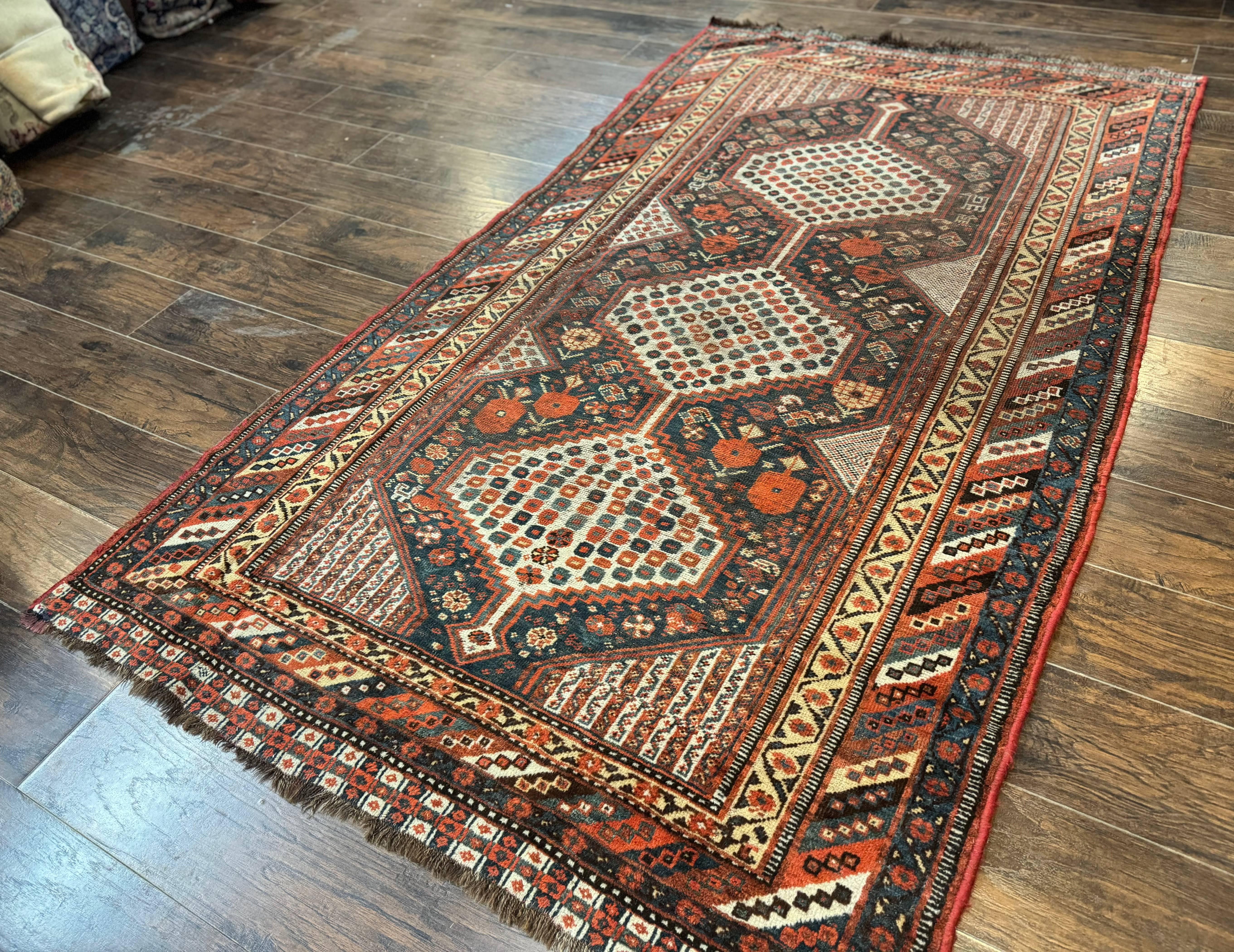 Antique Persian Shiraz Rug 5x8, Khamseh Tribal Wool 1920s Carpet, Navy Blue - Jewel Rugs