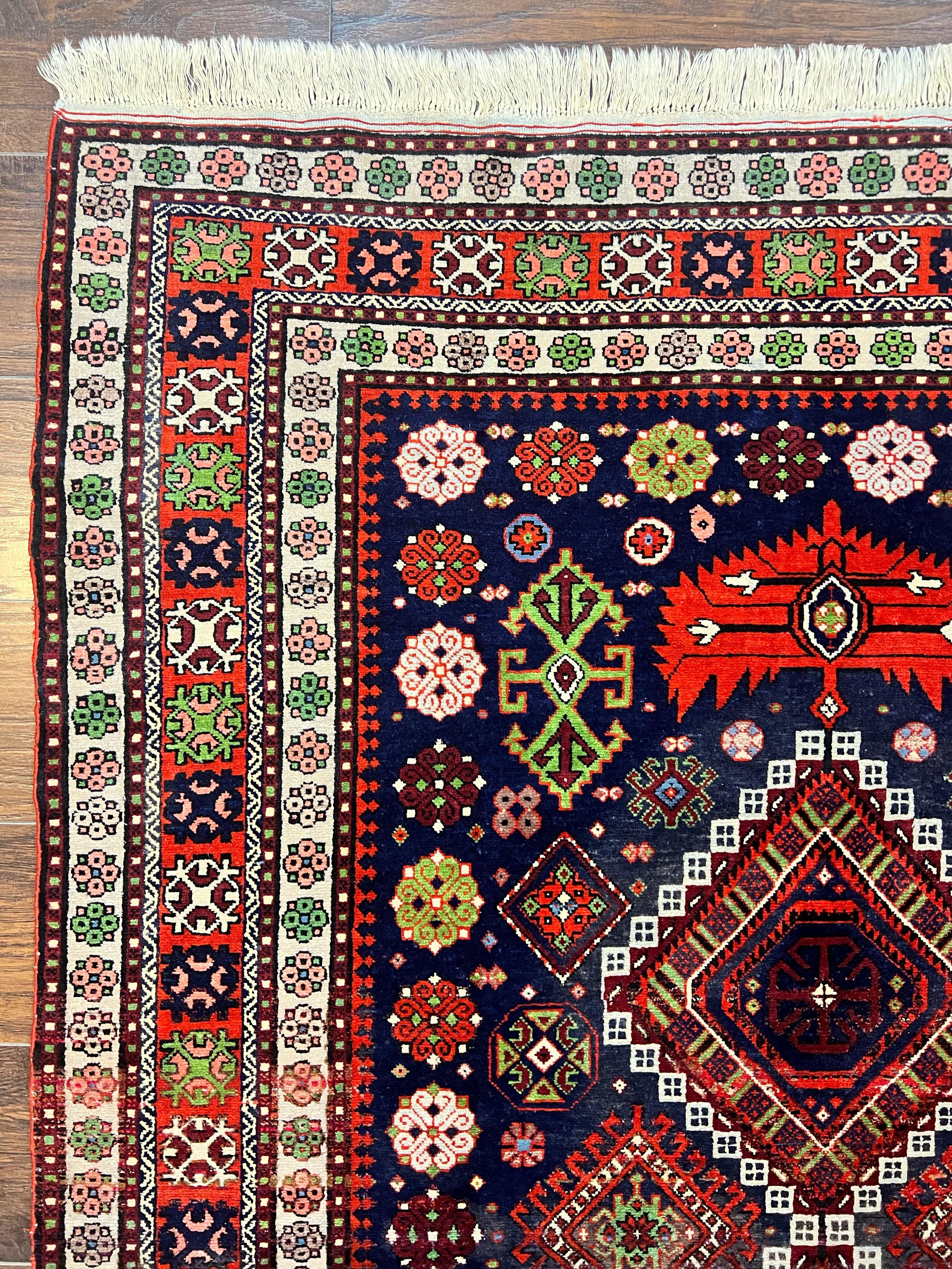 Persian Afshar Tribal Rug 5x6, Geometric Pattern, Navy Blue Multicolor Antique Vintage Persian Carpet, Hand Knotted Handmade Wool Rug - Jewel Rugs