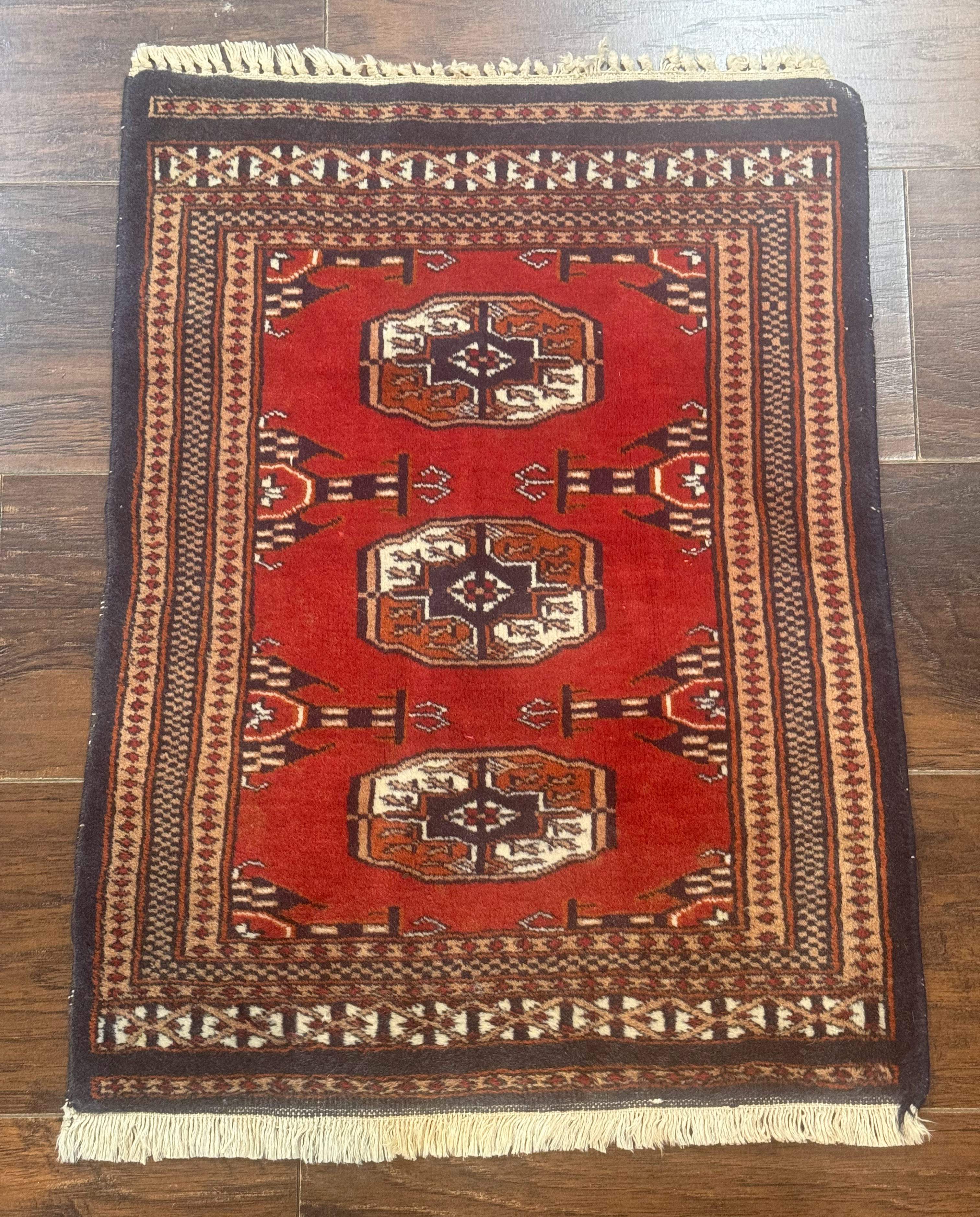 Small Pakistani Bokhara Turkoman Rug, Red, Hand-Knotted Wool Vintage Accent Rug - Jewel Rugs