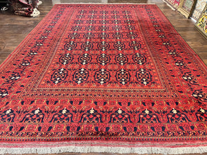 Afghan Rug 9x14, Wool Hand Knotted Vintage Carpet, Red, Beshir Rug, Large 9 x 14 Room Sized Oriental Rug