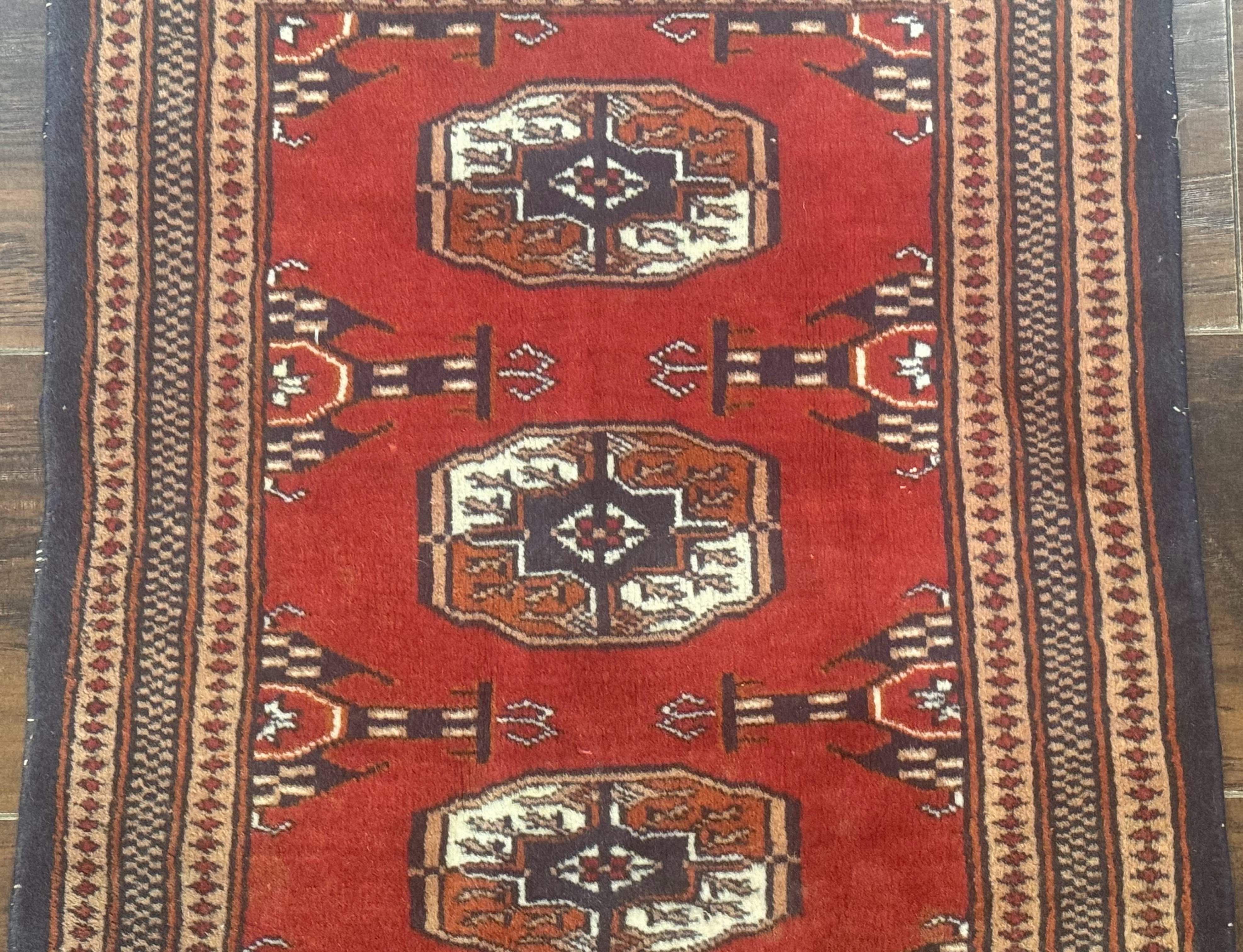 Small Pakistani Bokhara Turkoman Rug, Red, Hand-Knotted Wool Vintage Accent Rug - Jewel Rugs