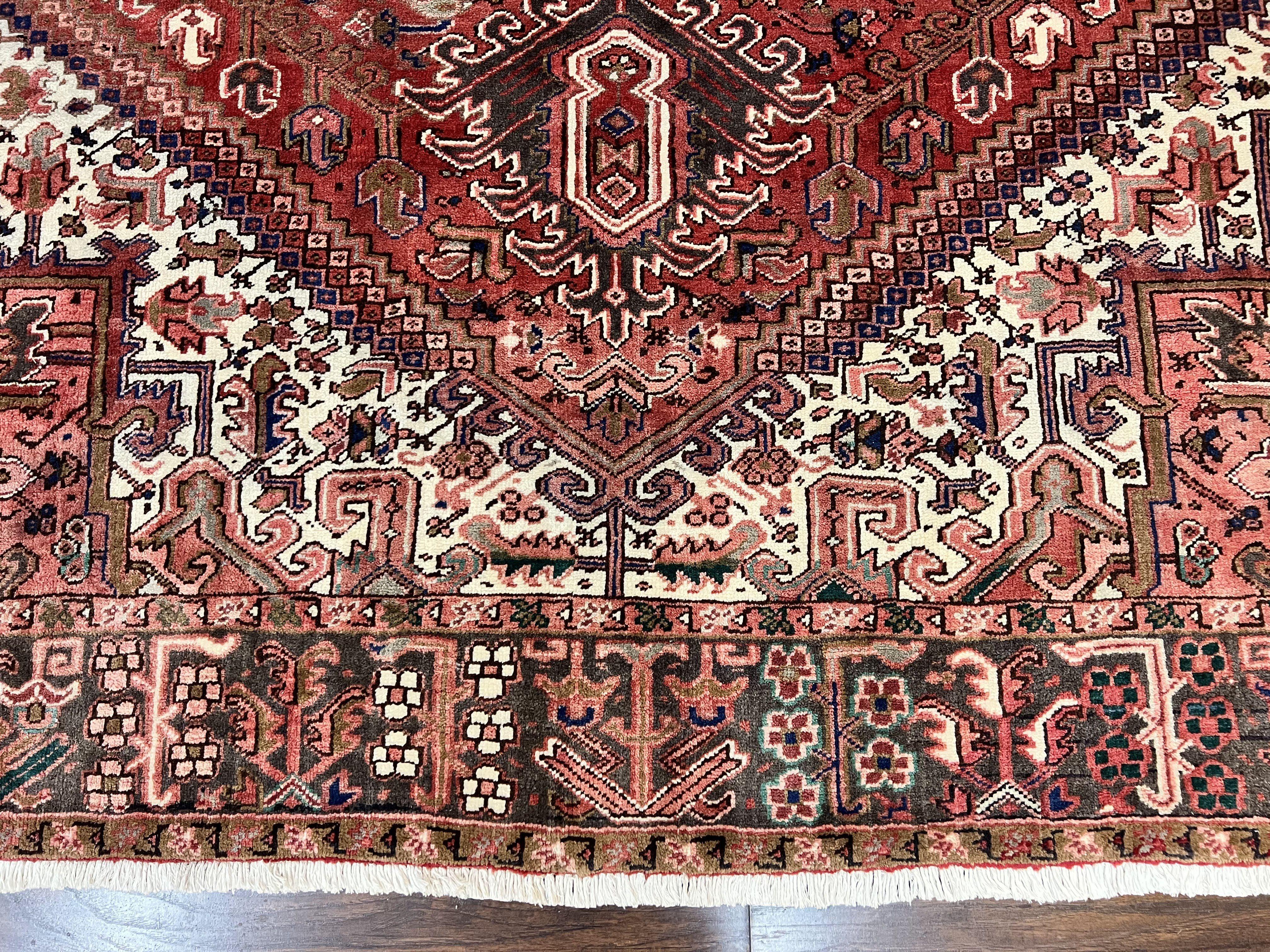 Persian Heriz Rug 10x13, Wool Hand Knotted Antique Carpet, Red Ivory, Geometric Rug 10 x 13 - Jewel Rugs