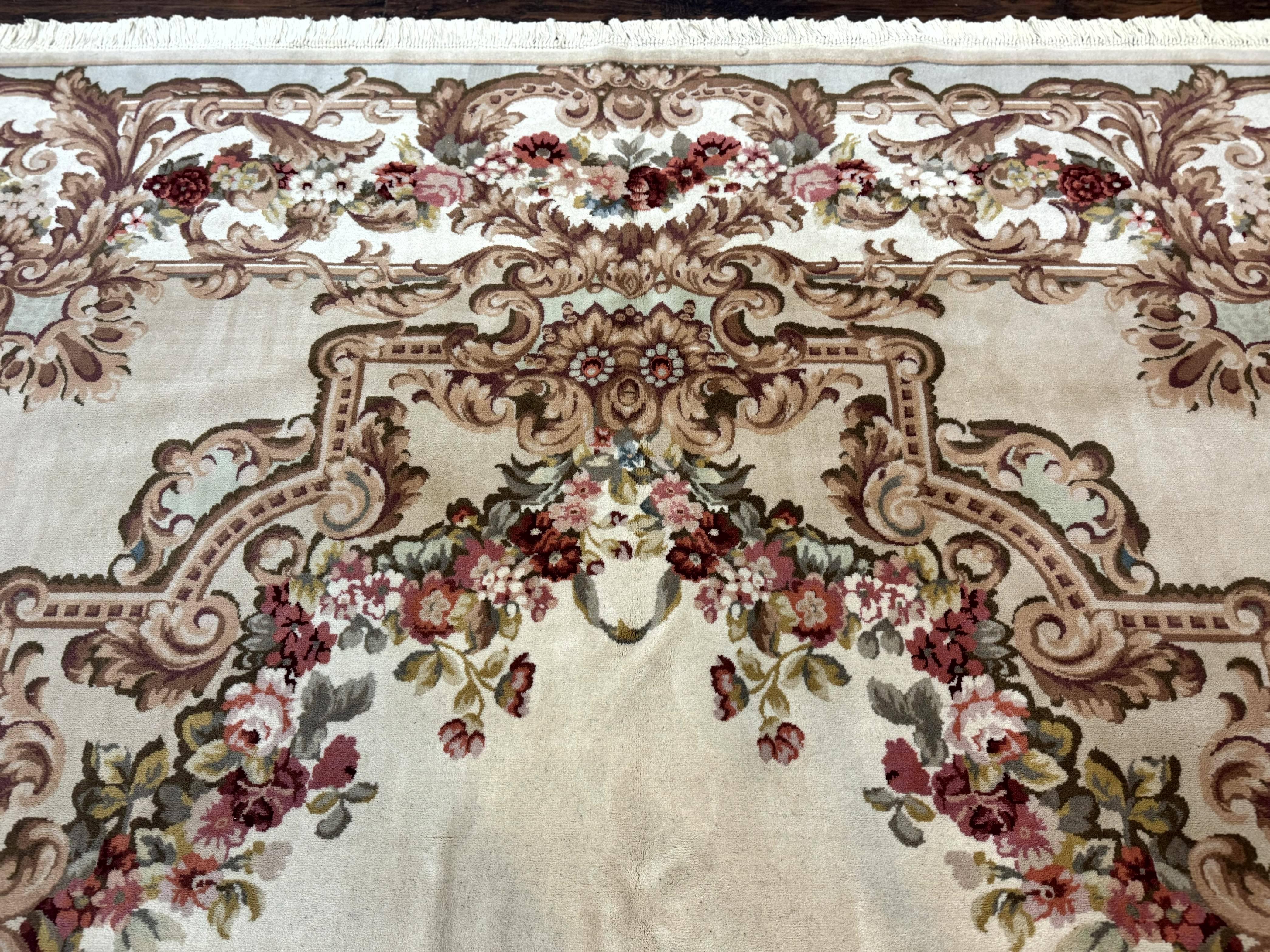 Aubusson Rug 8x12, European French Savonnerie Design, Thick Wool Pile, Elegant Rug, Cream Beige Light Green - Jewel Rugs