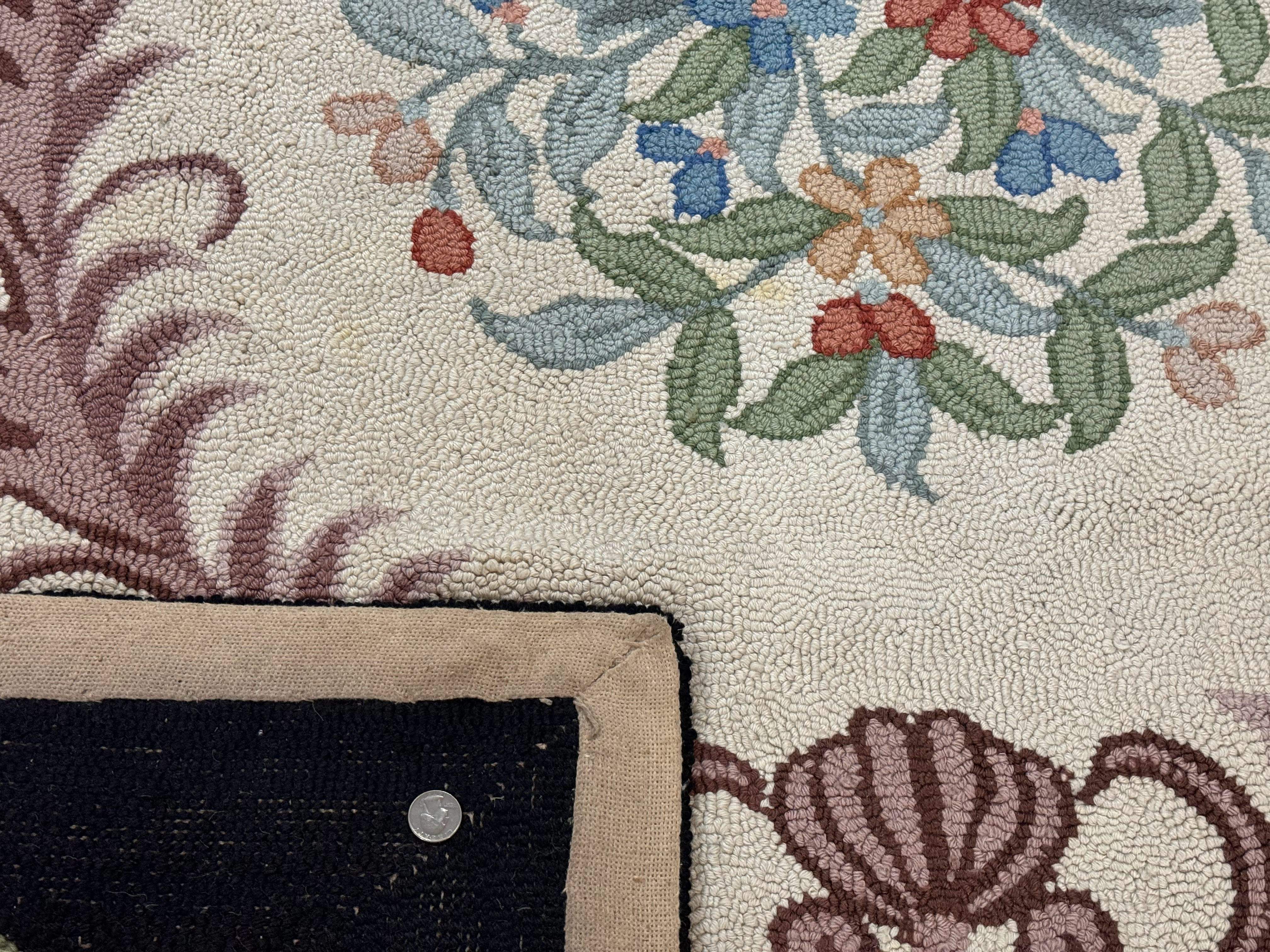 Large American Hooked Rug 8x11, Vintage Ivory Black Floral Carpet - Jewel Rugs