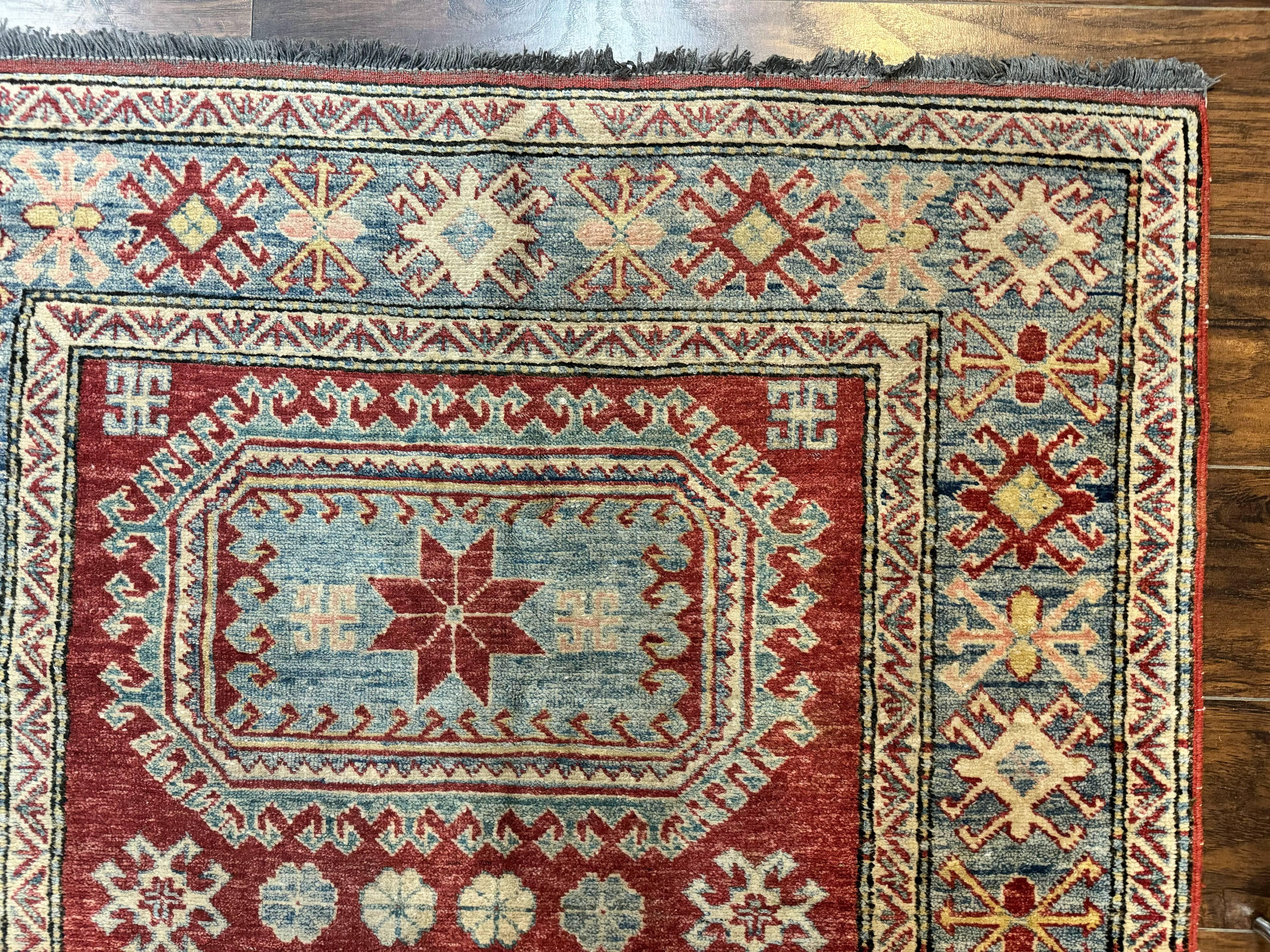 Turkish Kazak Rug 4x6, Handmade Vintage Wool Carpet, Geometric Design, Red and Light Blue - Jewel Rugs