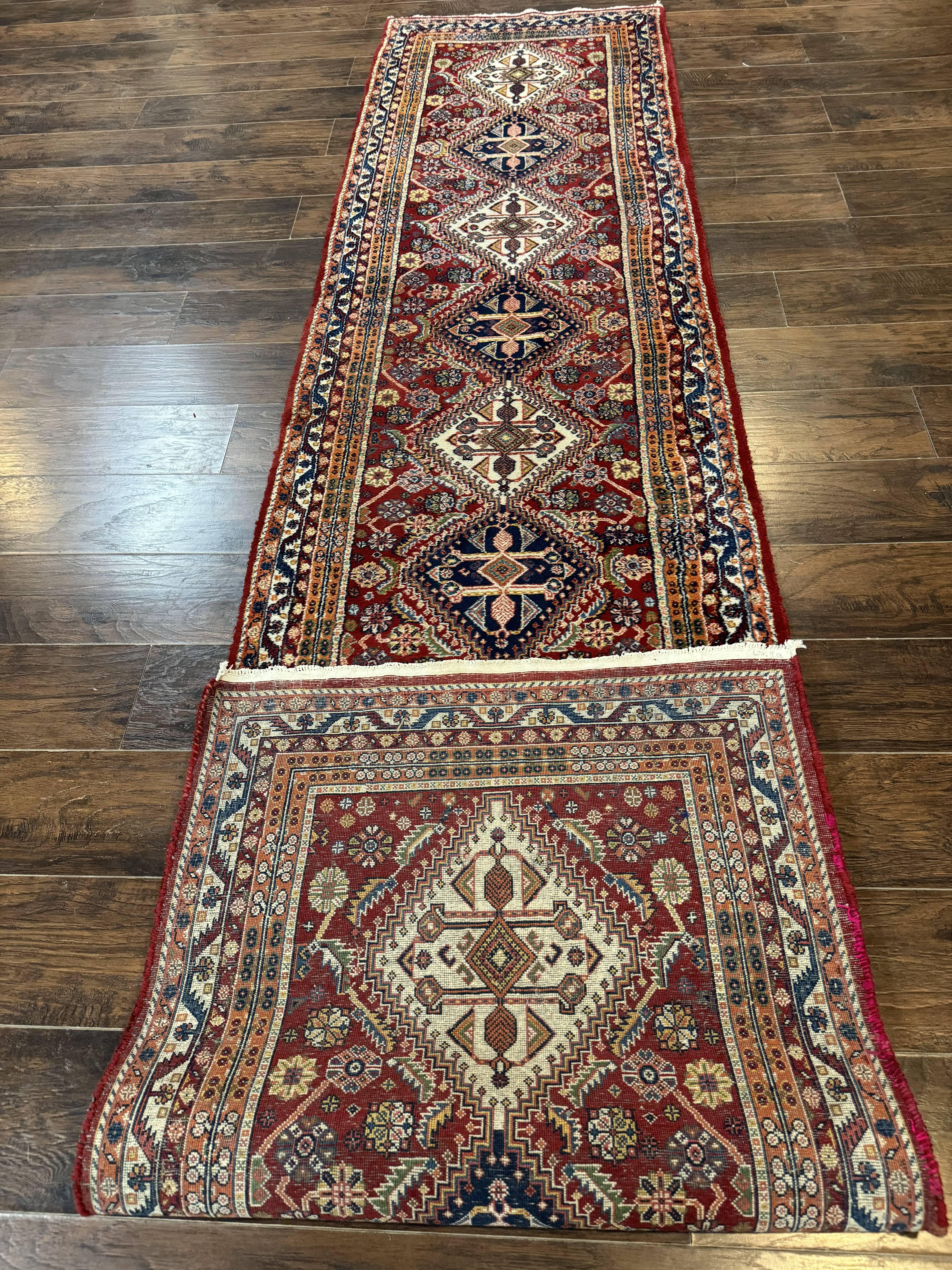 Antique Persian Qashqai Runner Rug 3 x 13 ft, Tribal Runner, Geometric Medallions, Red Ivory Blue, Wool - Jewel Rugs