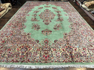 Palace Size Persian Kirman Rug 10x16, Oversized Hand Knotted Handmade Wool Vintage Large Semi Antique Oriental Kirman Carpet 10 x 16, Green Cream