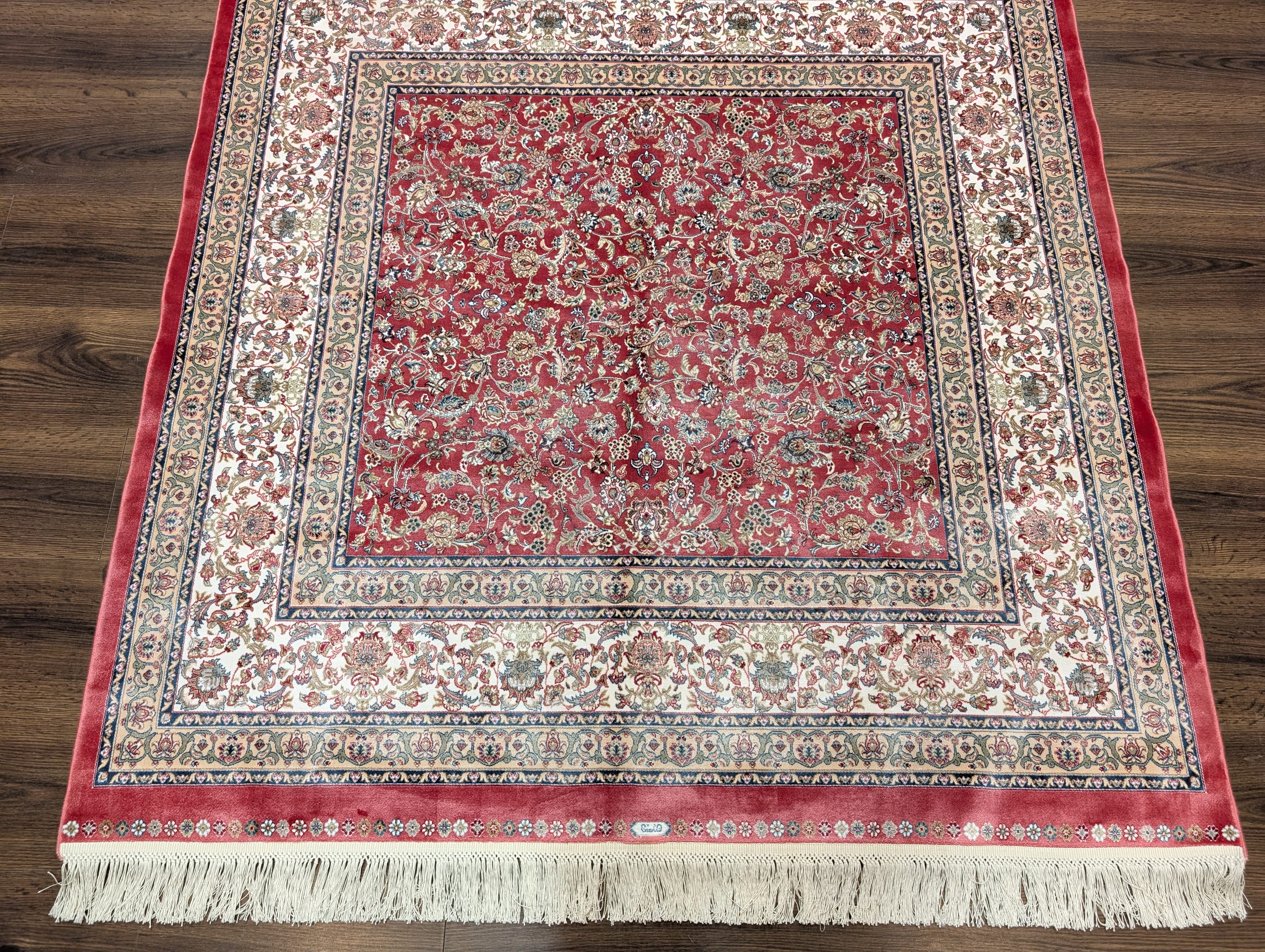 Square Silk Rug 5x5, Red and Ivory, Floral, Turkish Silk Carpet, New, Bamboo Silk - Jewel Rugs