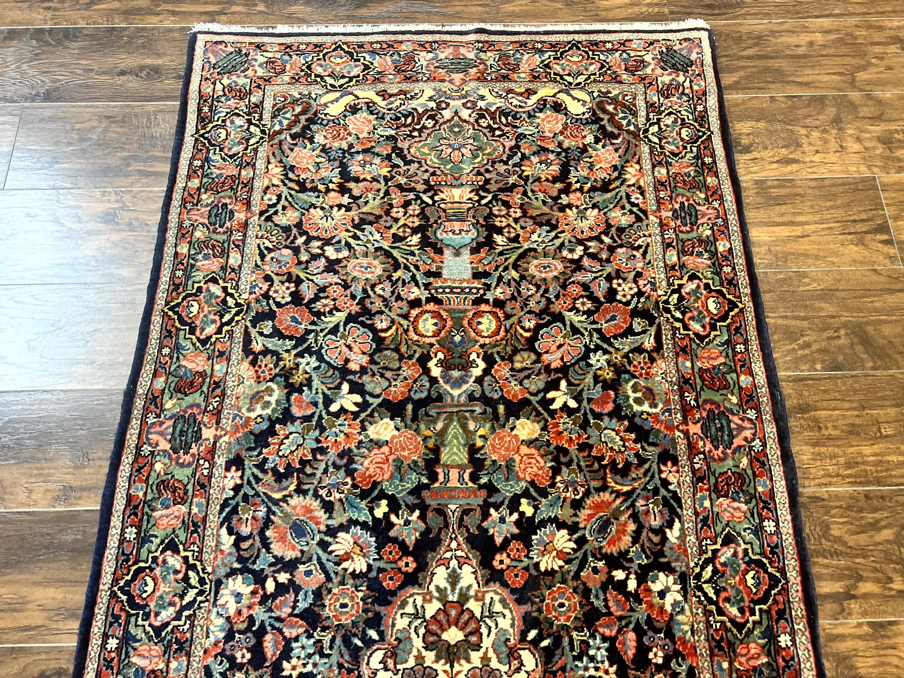 Persian Saoruk Rug 4x5, Navy Blue and Red, Floral, Antique Persian Wool Carpet, Handmade - Jewel Rugs
